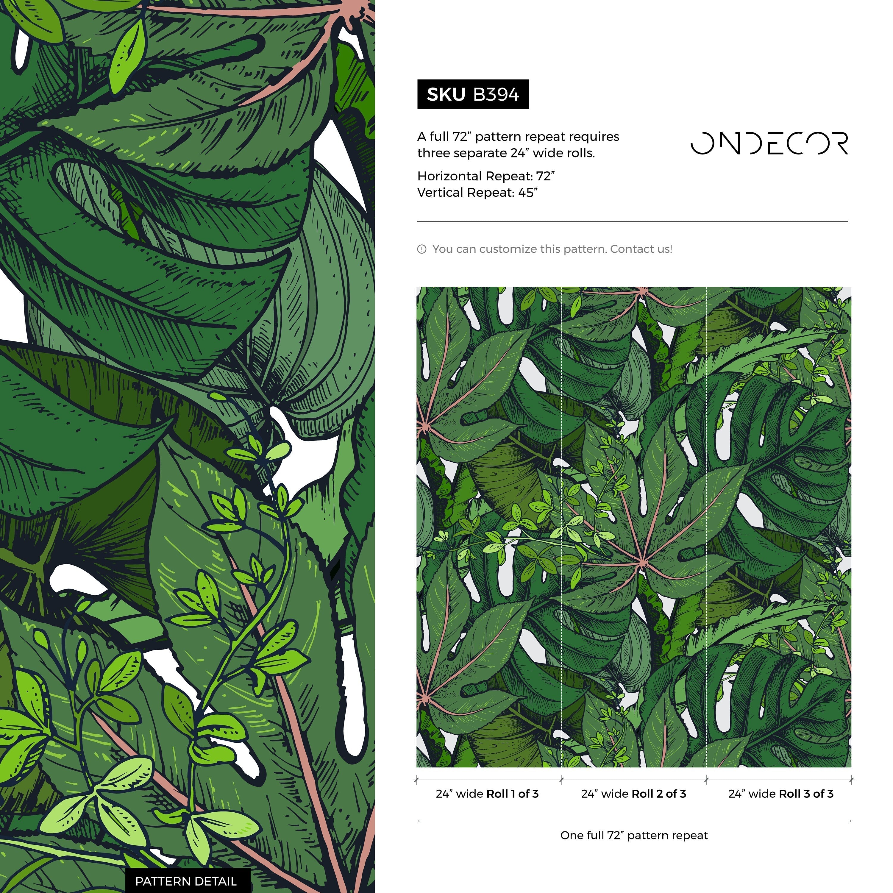 Botanical Wallpaper With Illustrated Tropical Leaves In Green And Black - B394