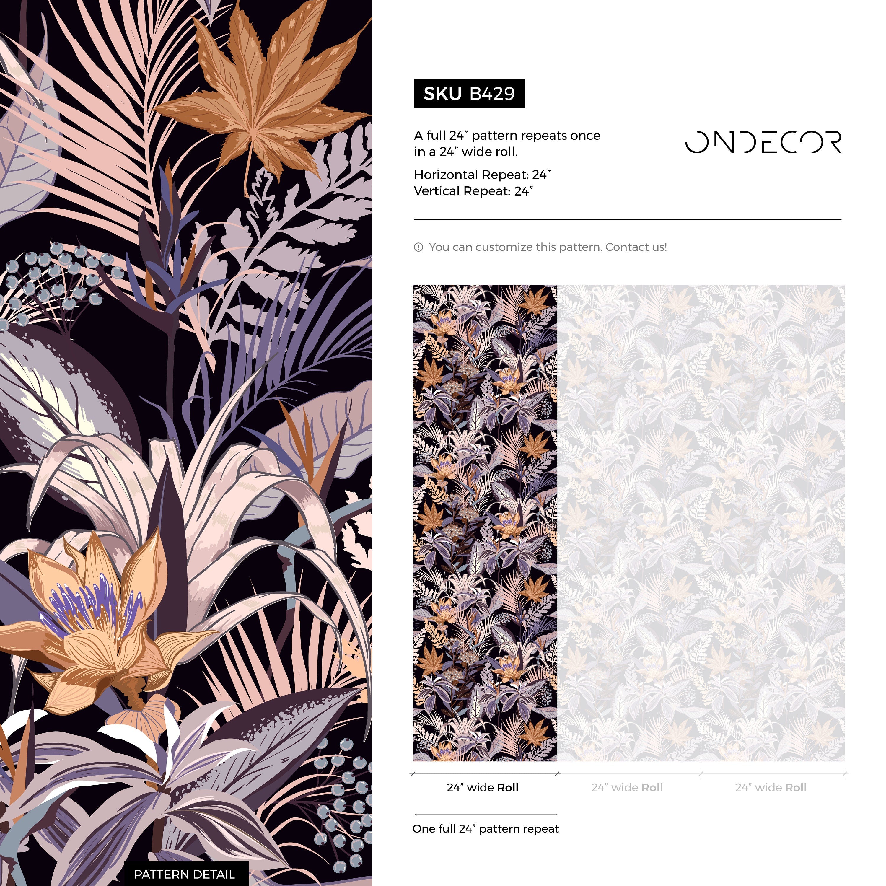 Botanical Wallpaper With Exotic Jungle Foliage In Purple, Brown, And Beige - B429