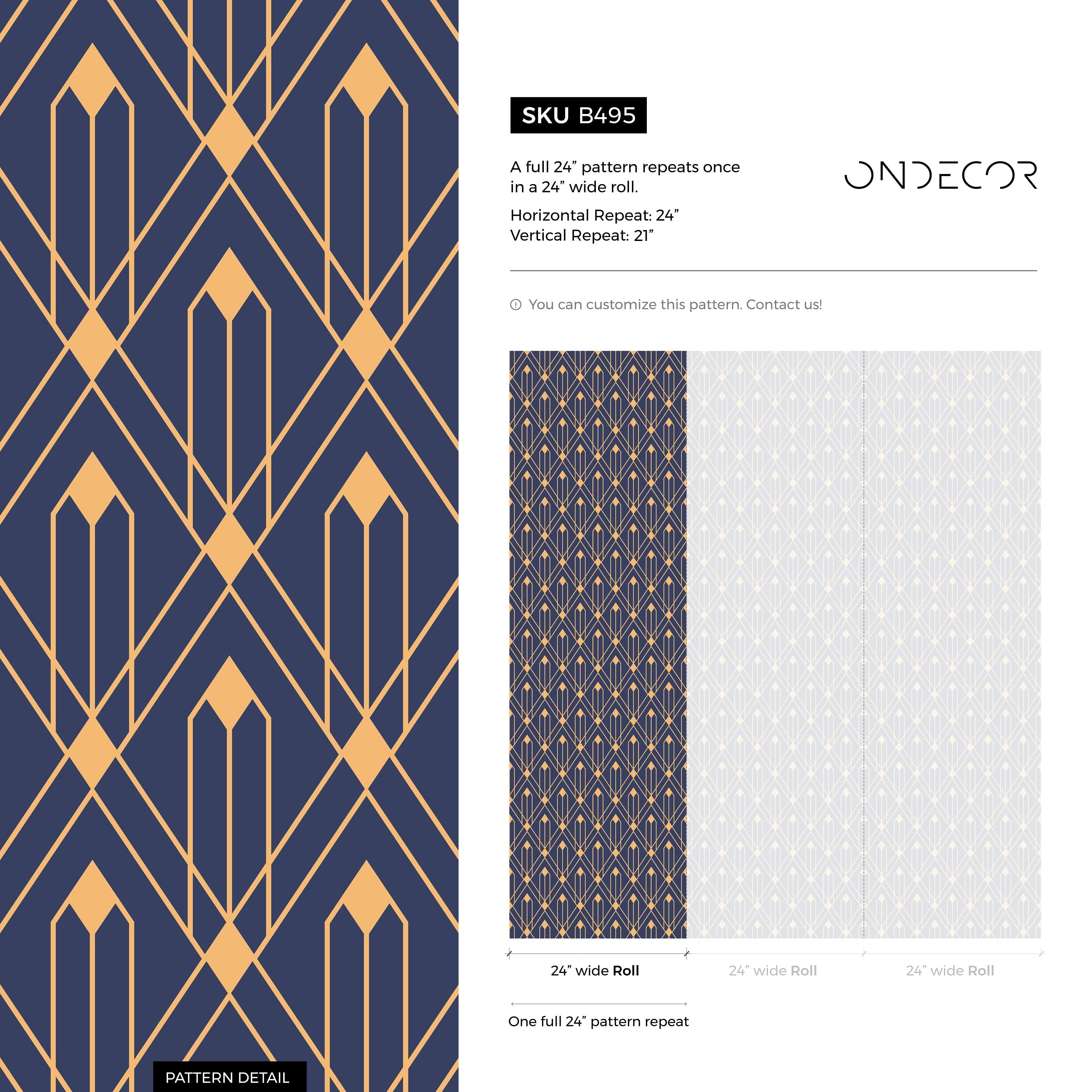 Art Deco Wallpaper With A Geometric Trellis Motif In Blue And Gold - B495