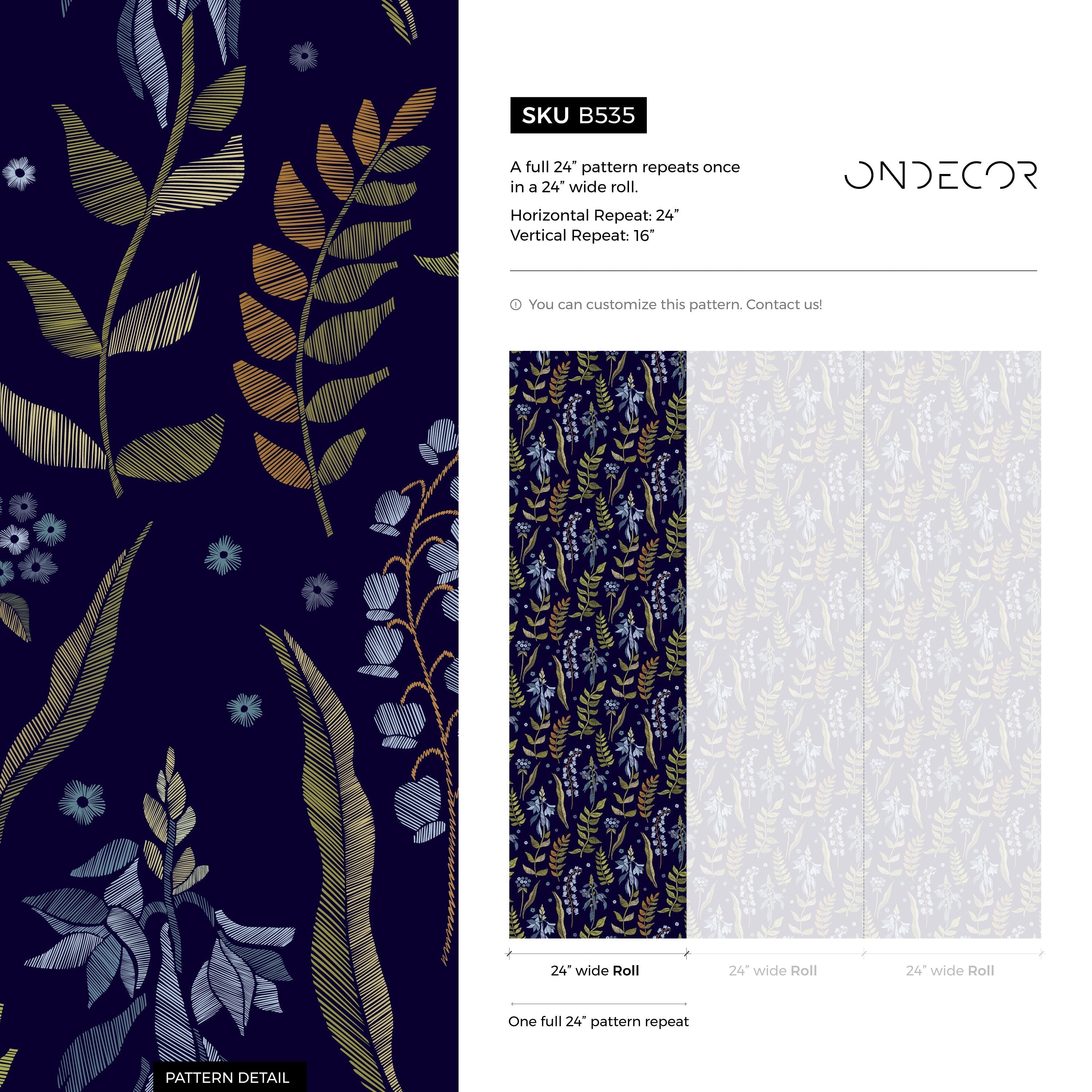 Botanical Wallpaper With A Faux Embroidery Motif In Navy Blue, Gold, And Blue - B535