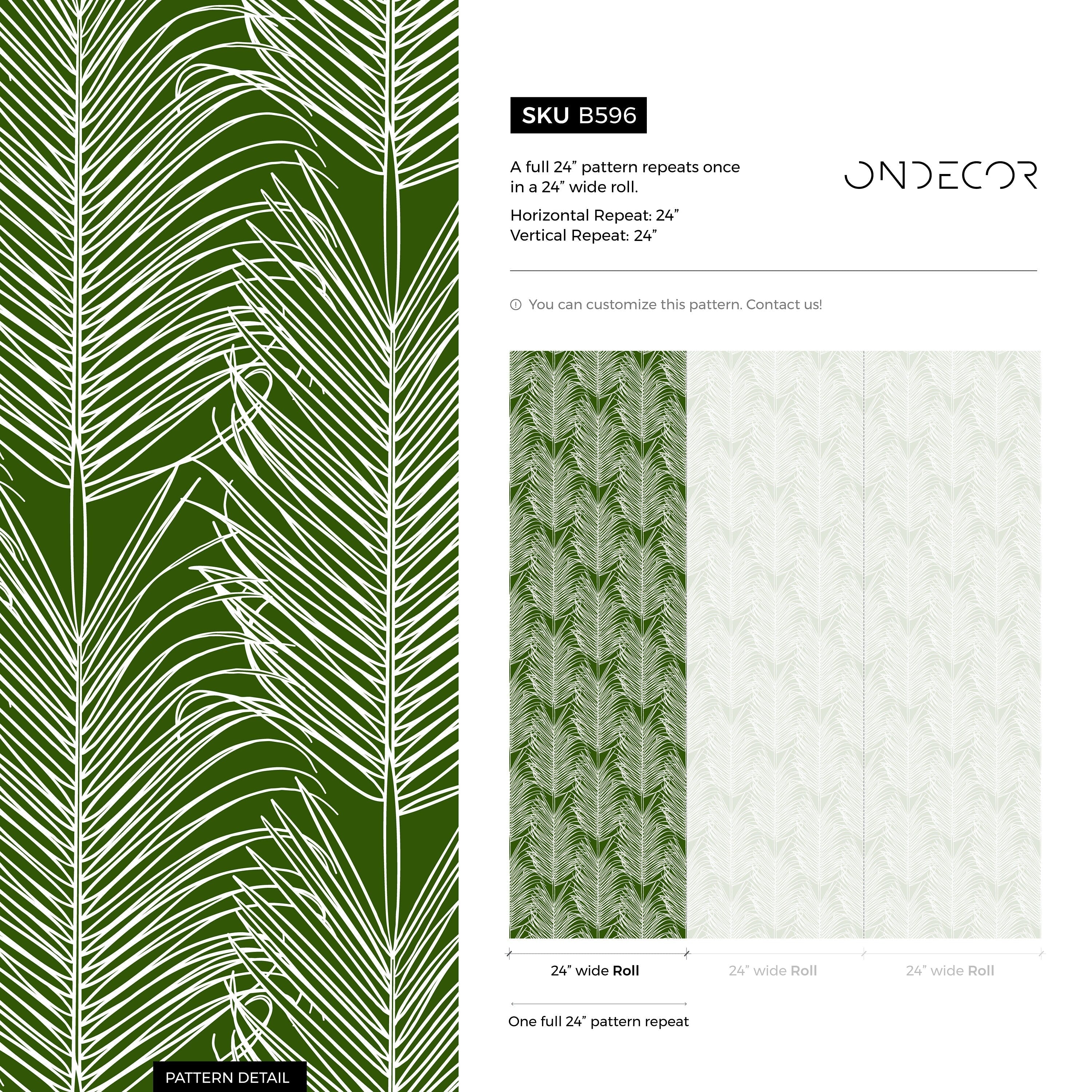 Botanical Wallpaper Featuring A Graphic Palm Frond Design In Green And White - B596