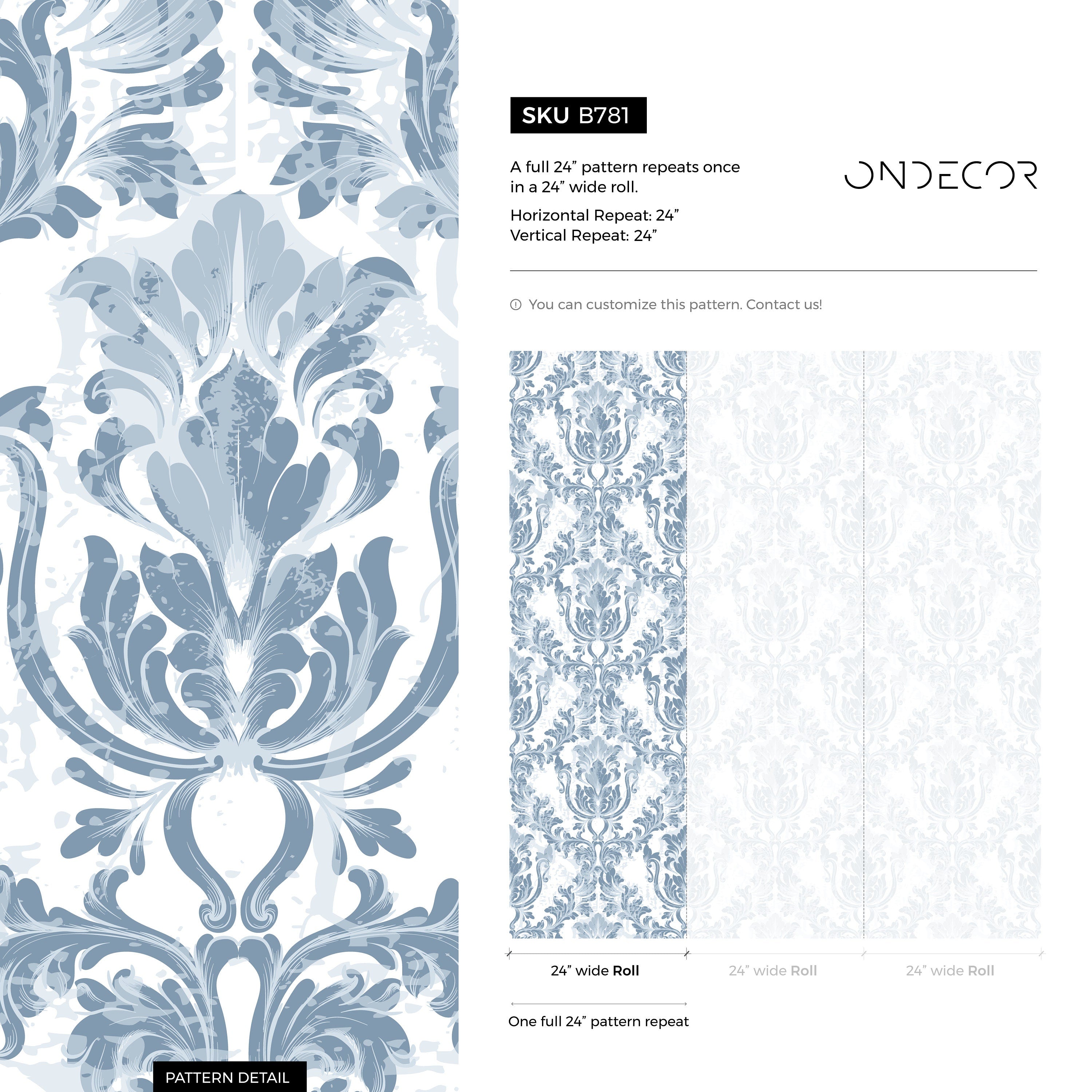 Damask Wallpaper With A Distressed Motif In Blue - B781