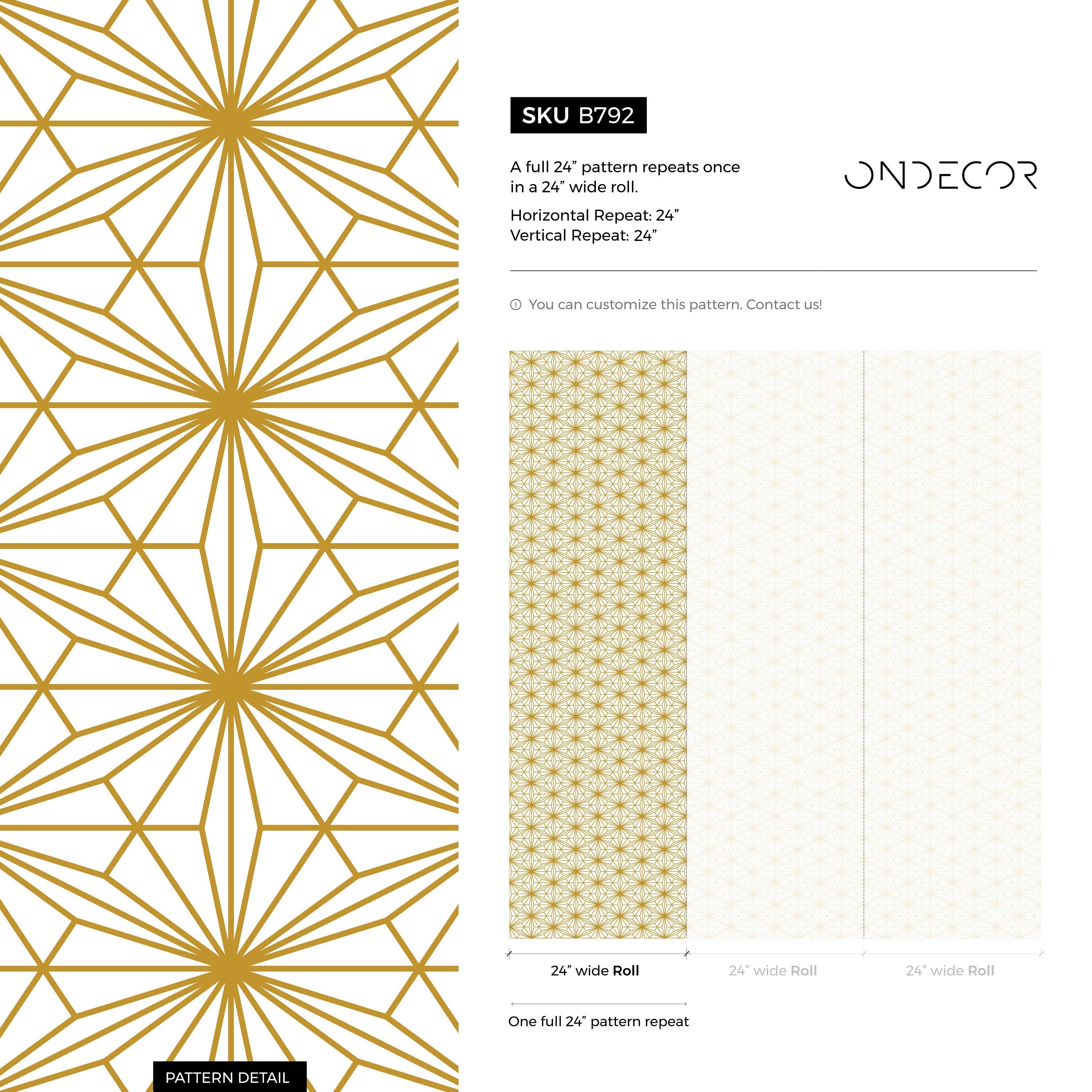 Geometric Wallpaper With A Starburst Motif In Gold And Gray - B792