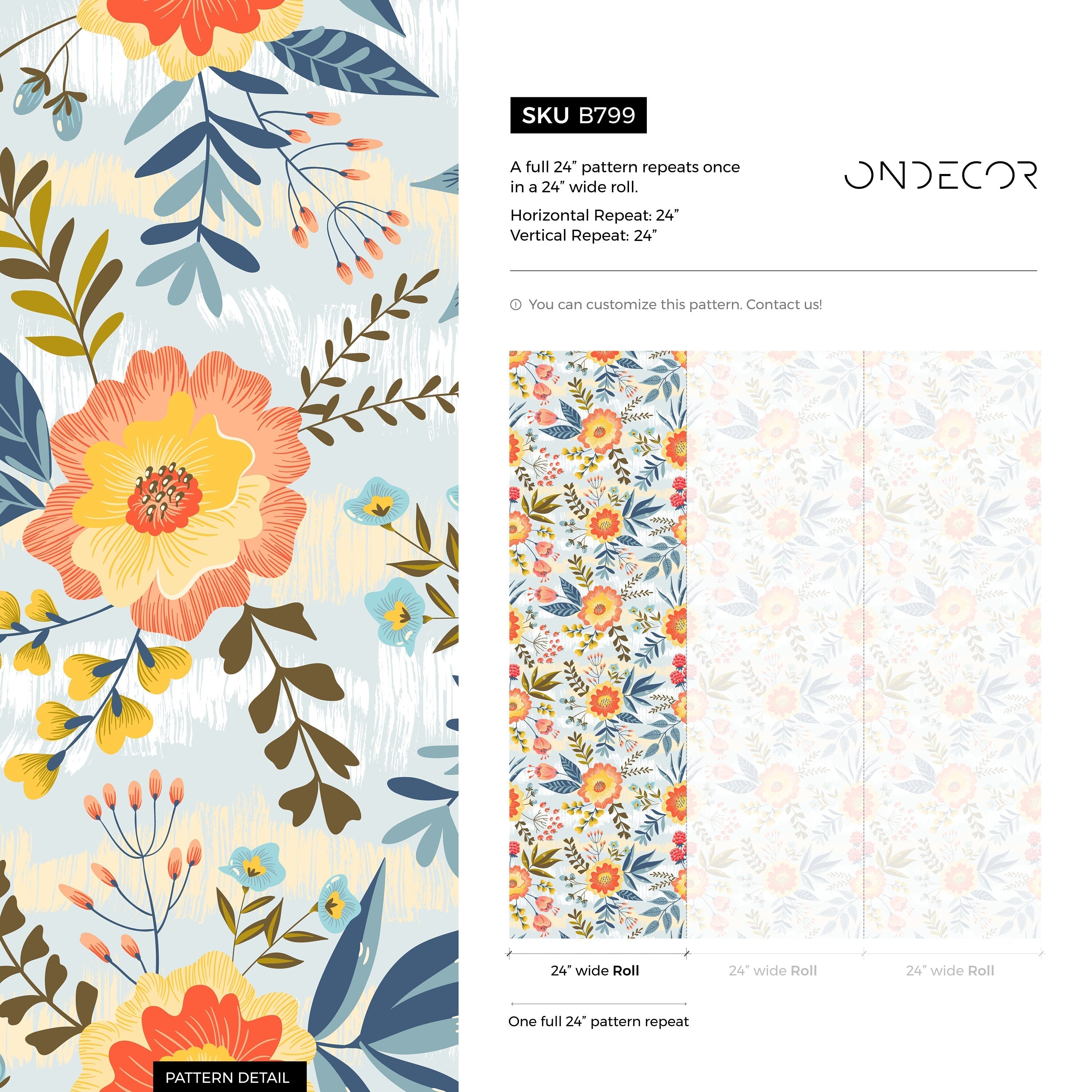 Floral Wallpaper Featuring Stylized Blooms And Berries In Blue, Orange, And Yellow - B799