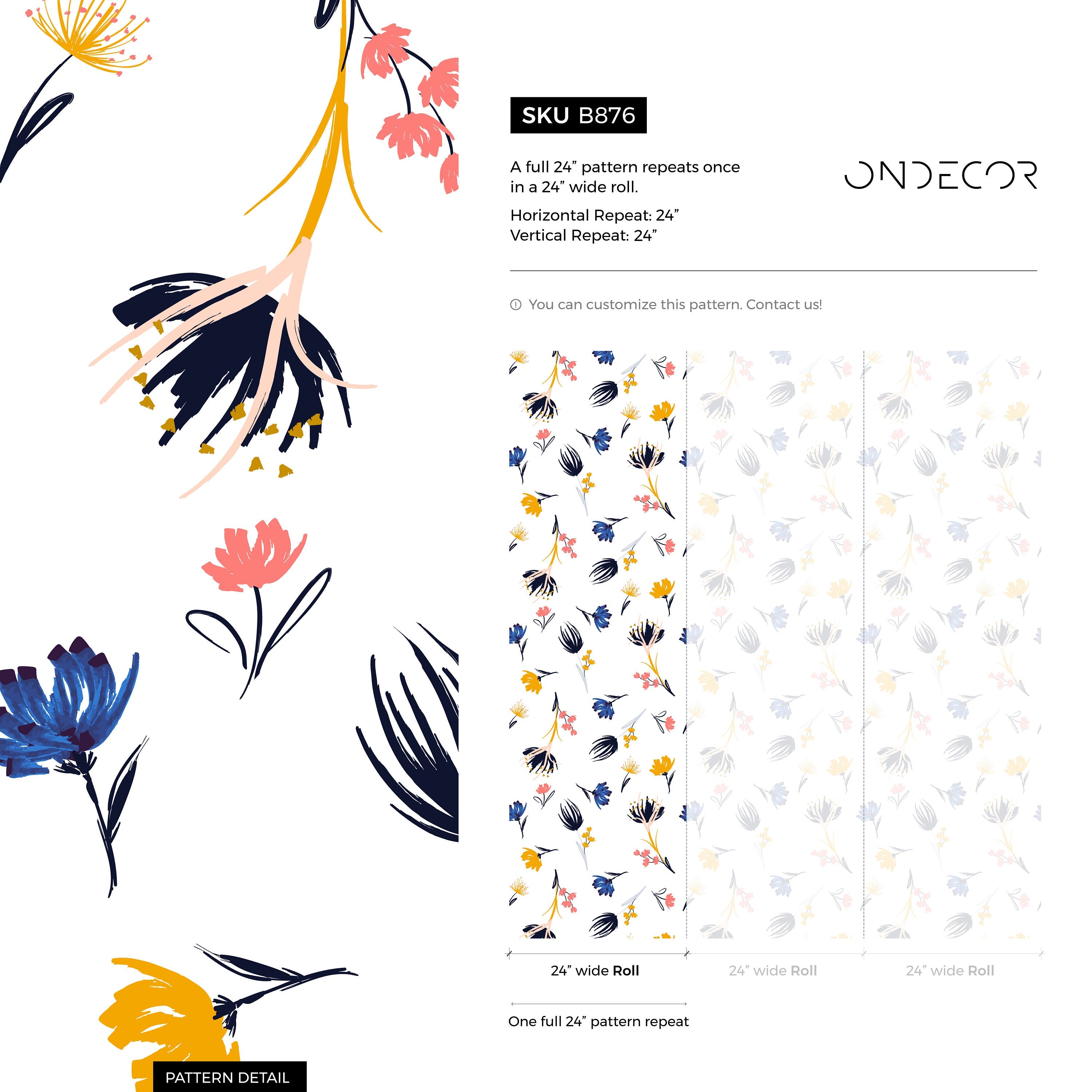 Floral Wallpaper With Abstract Wildflowers In Blue, Yellow, And Pink - B876