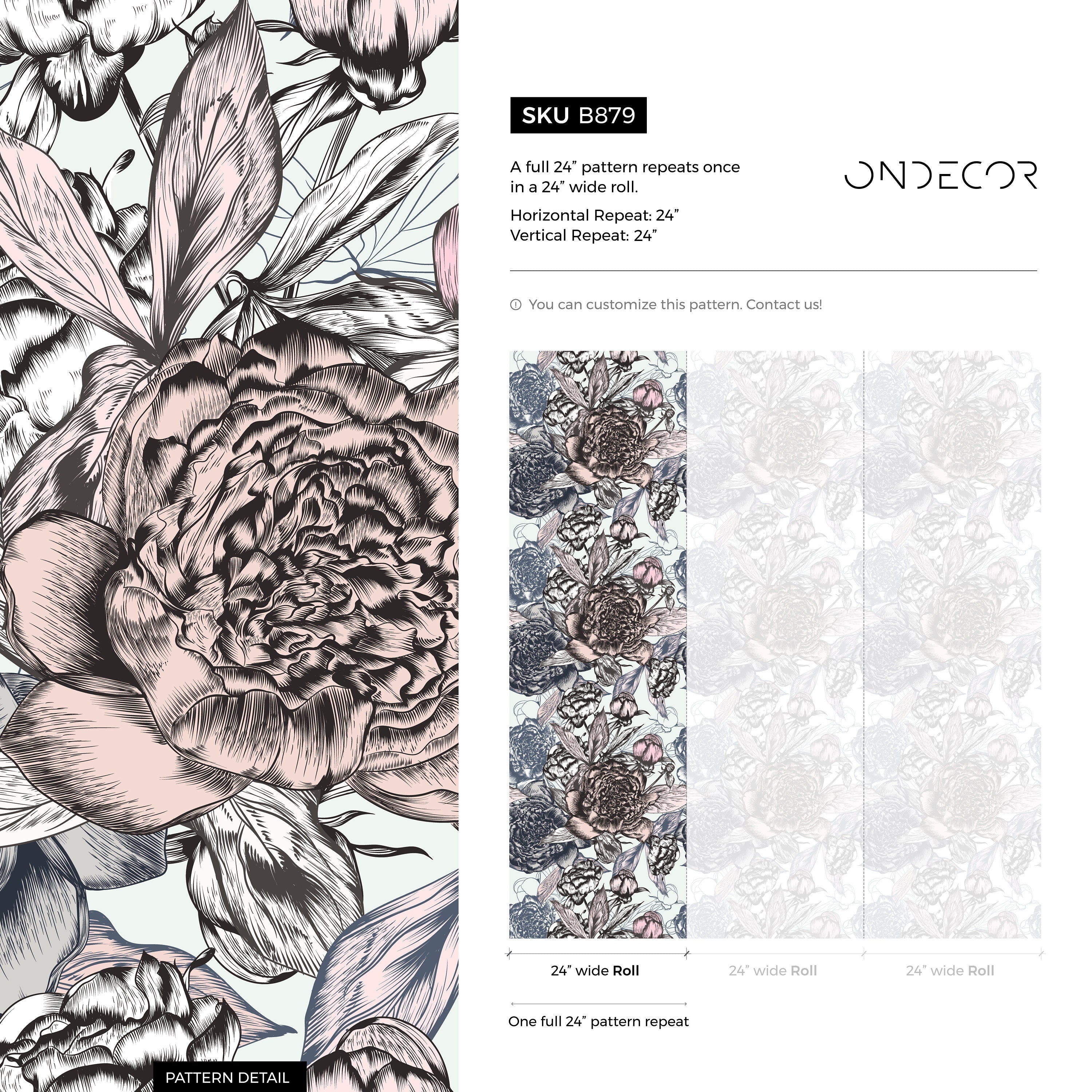 Floral Wallpaper With An Engraved Peony Design In Pink, Blue, And Black - B879