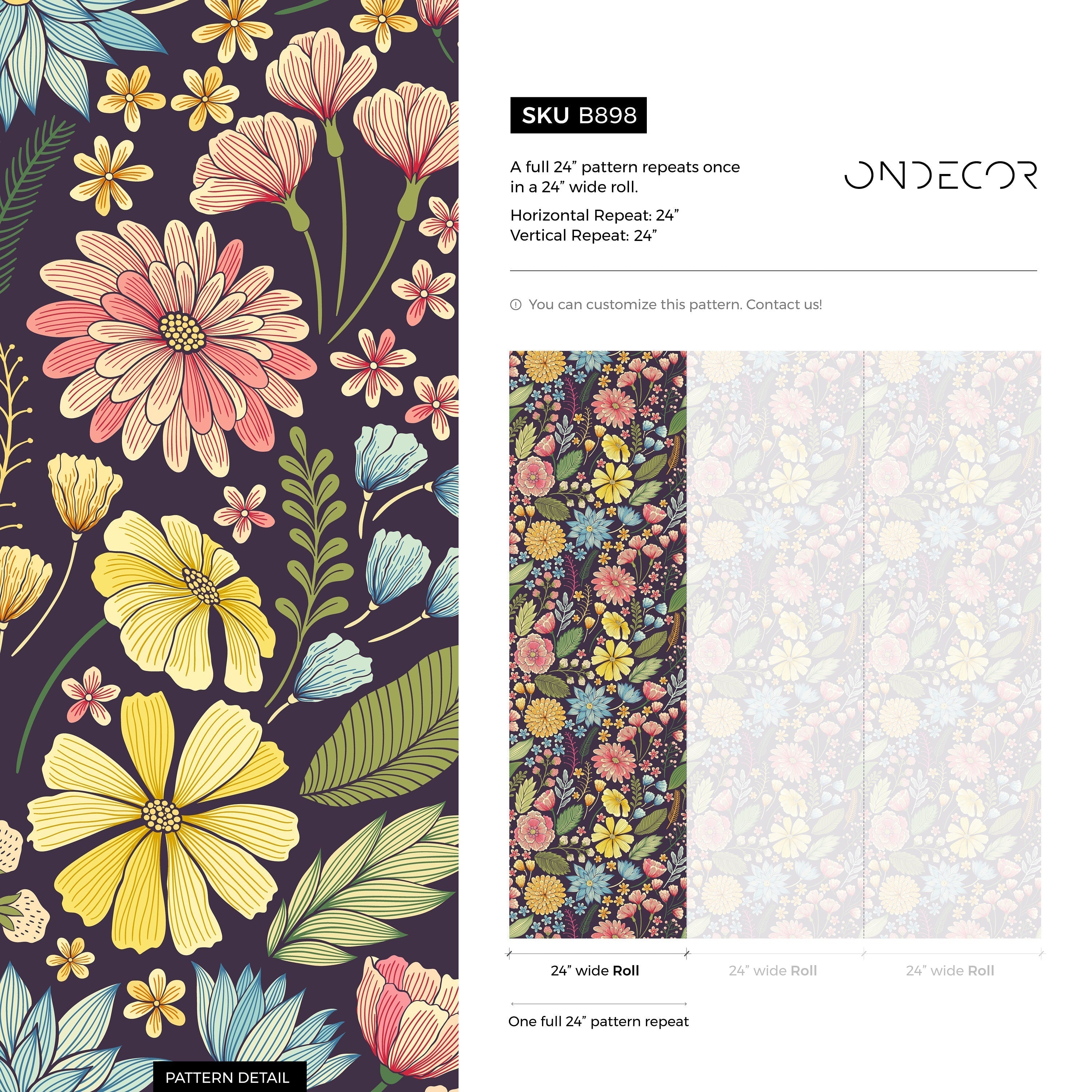 Floral Wallpaper With A Vintage Meadow Motif In Yellow, Pink, And Blue - B898