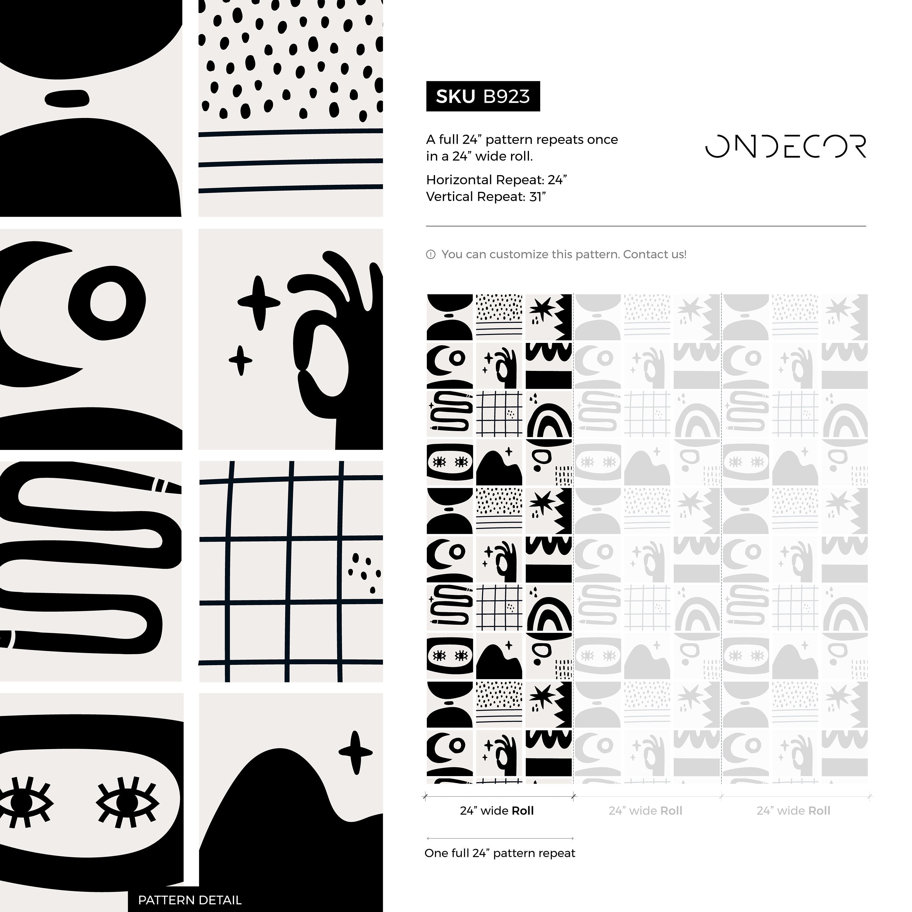 Abstract Wallpaper With Tiled Hand-drawn Motifs In Black And Light Gray - B923