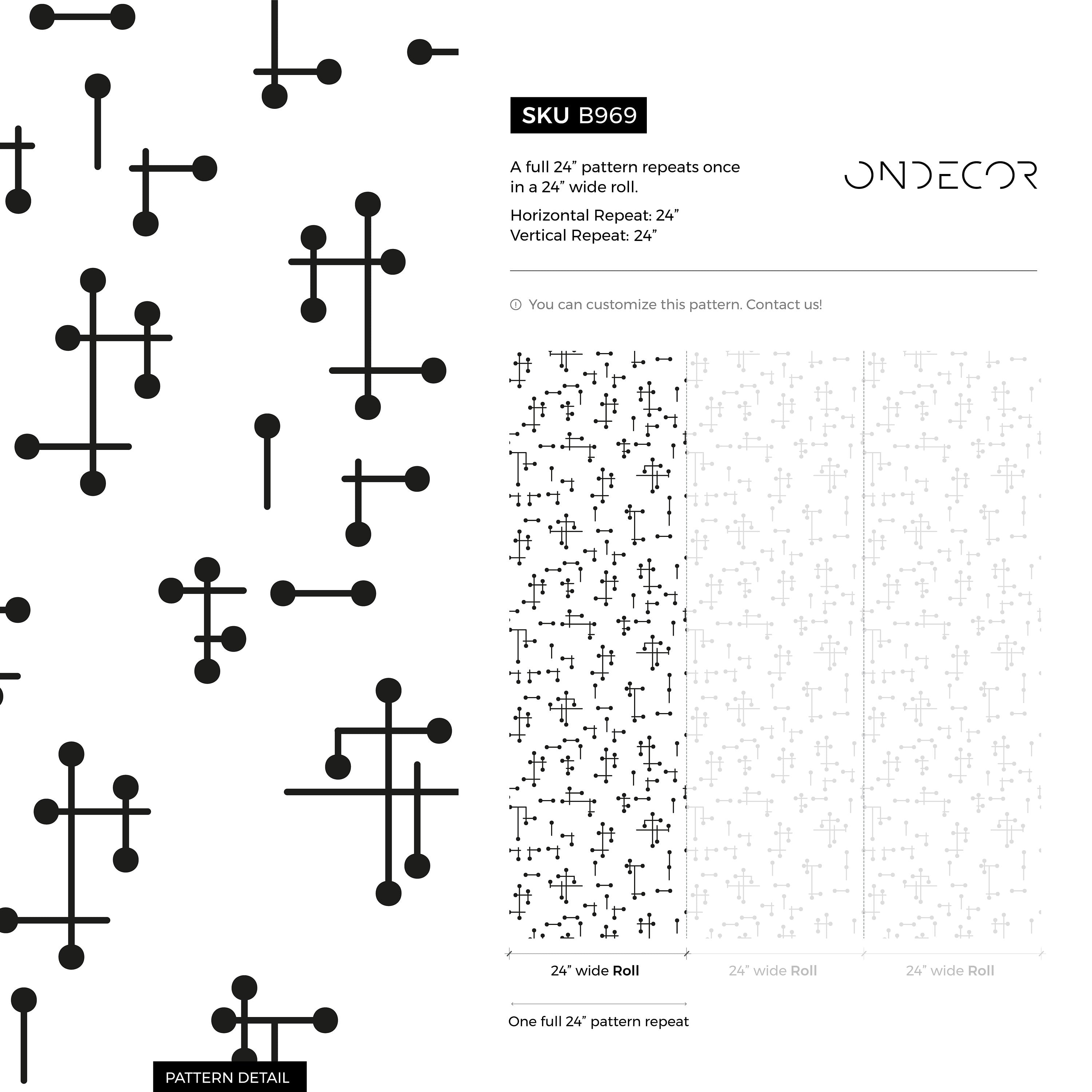 Geometric Wallpaper With A Mid-century Line And Dot Motif In Black And White - B969