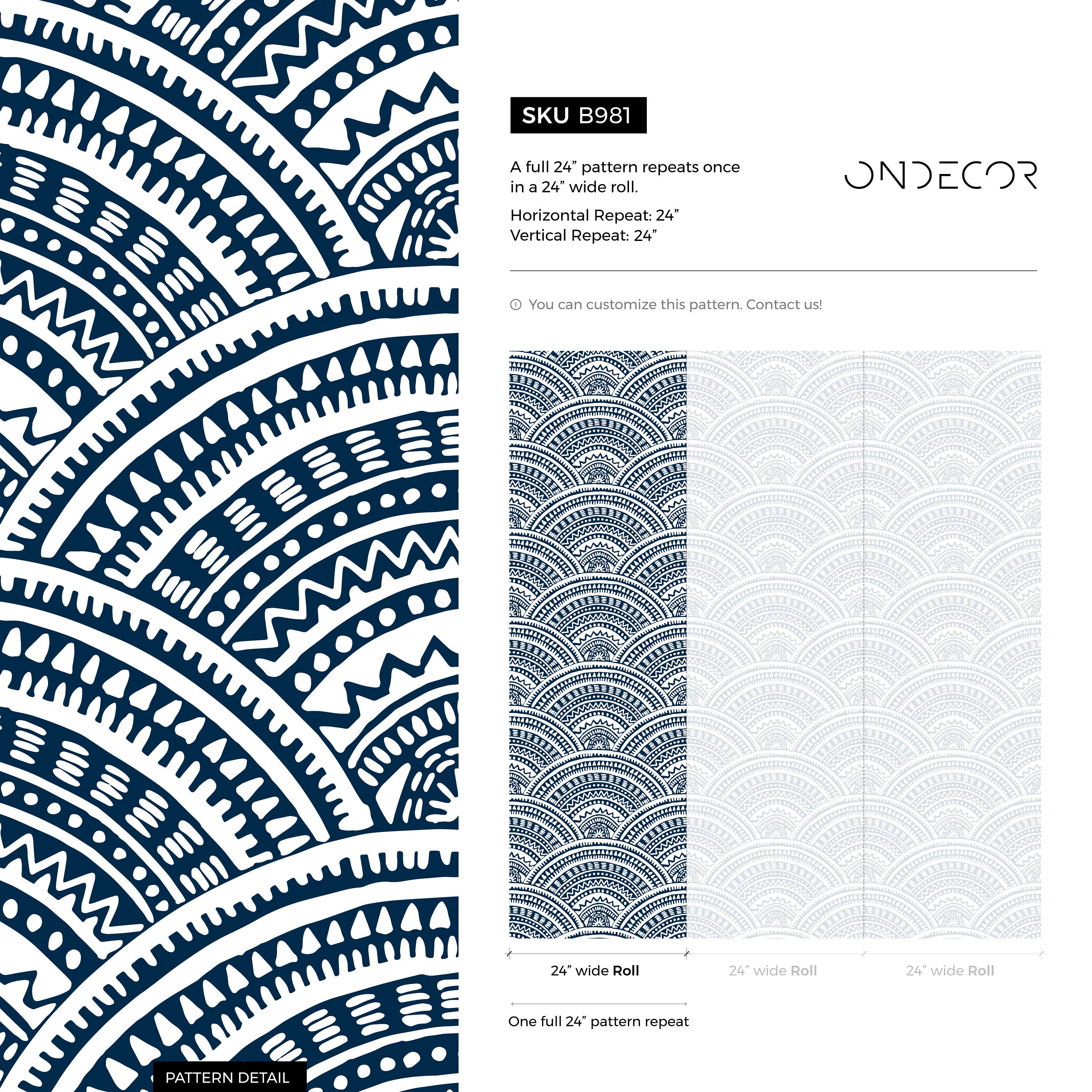 Geometric Wallpaper With A Tribal Arch Motif In Navy Blue And White - B981