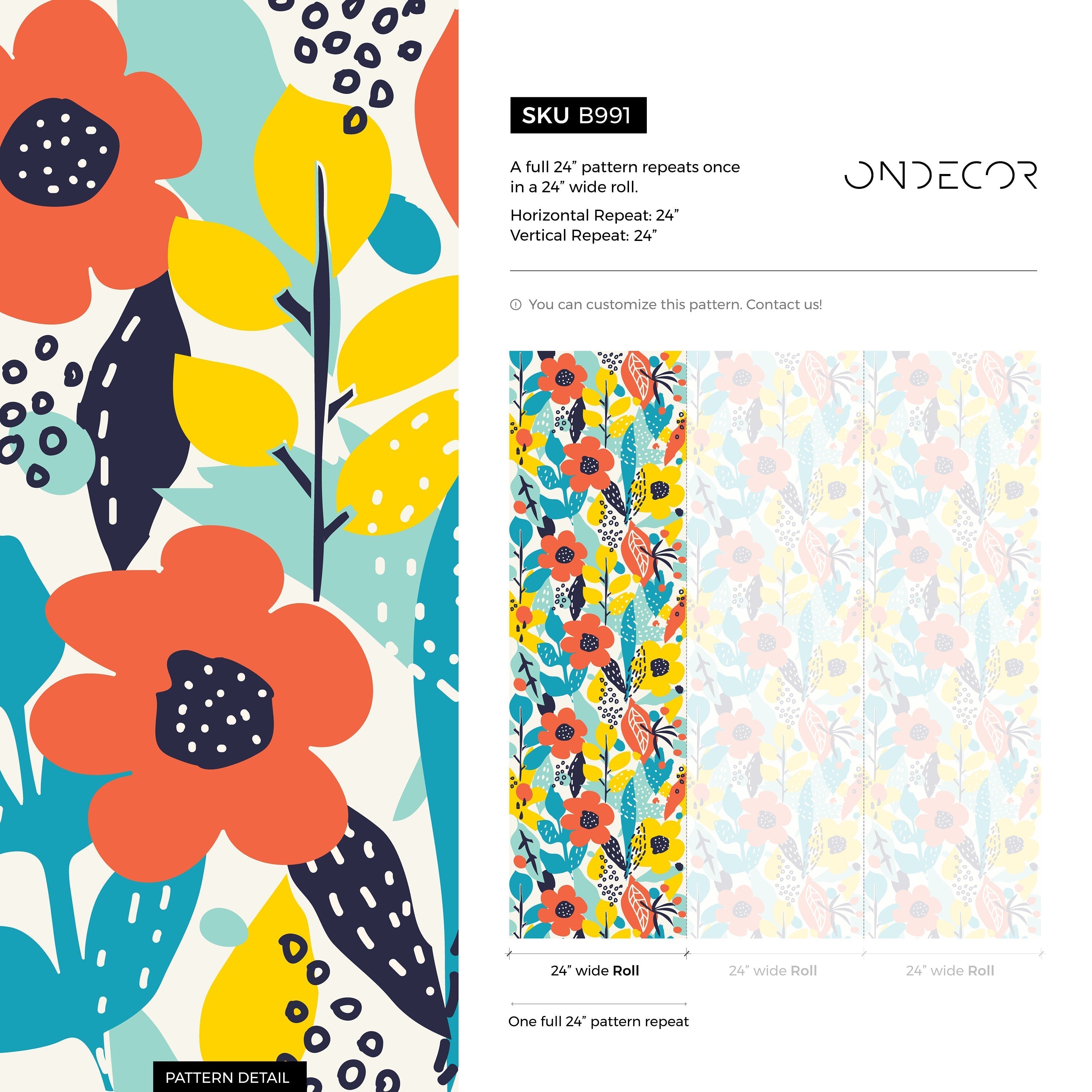 Abstract Wallpaper With Pop Art Flowers In Orange, Yellow, And Teal - B991