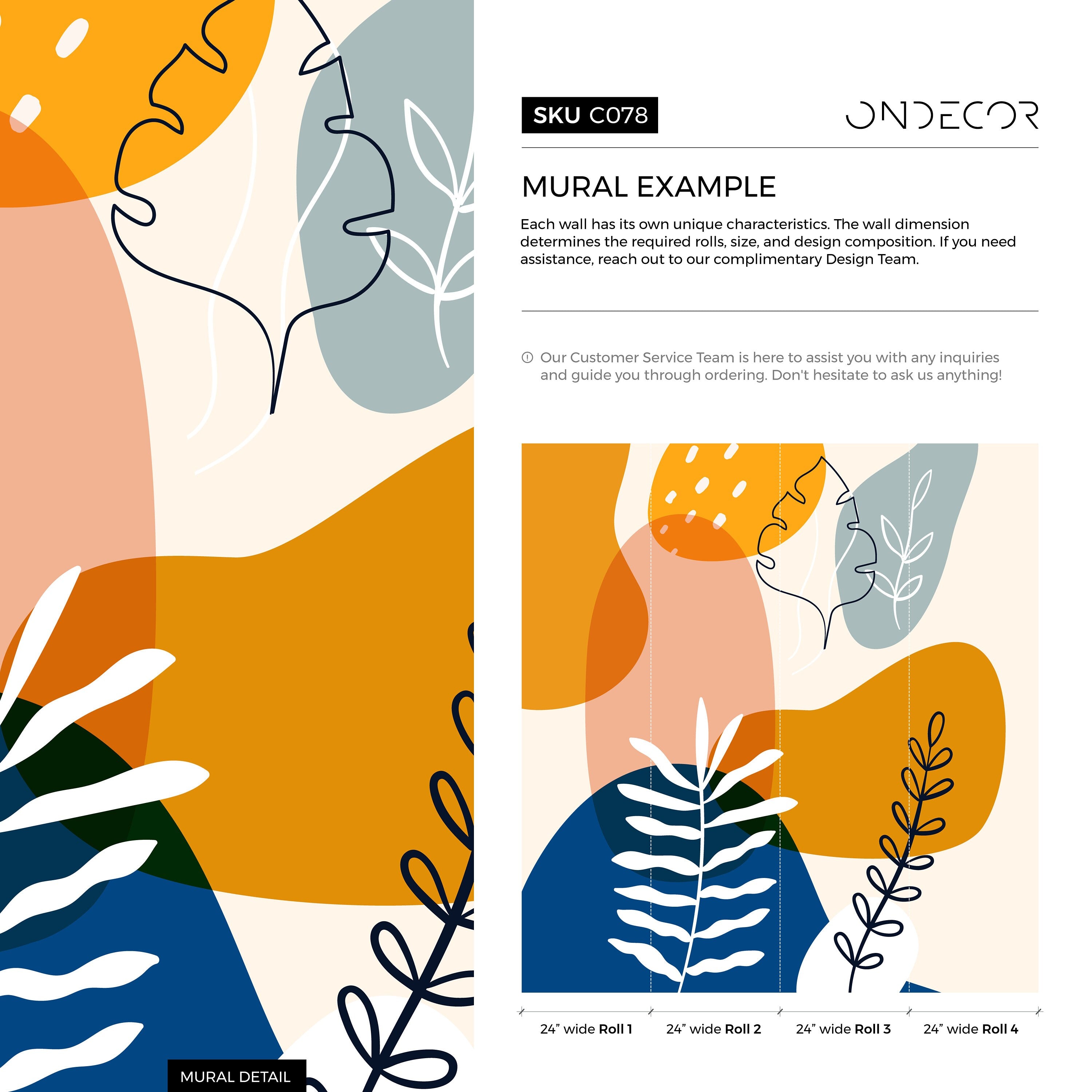 Abstract Wallpaper With Botanical Motifs In Navy Blue, Mustard, And Terracotta - C078