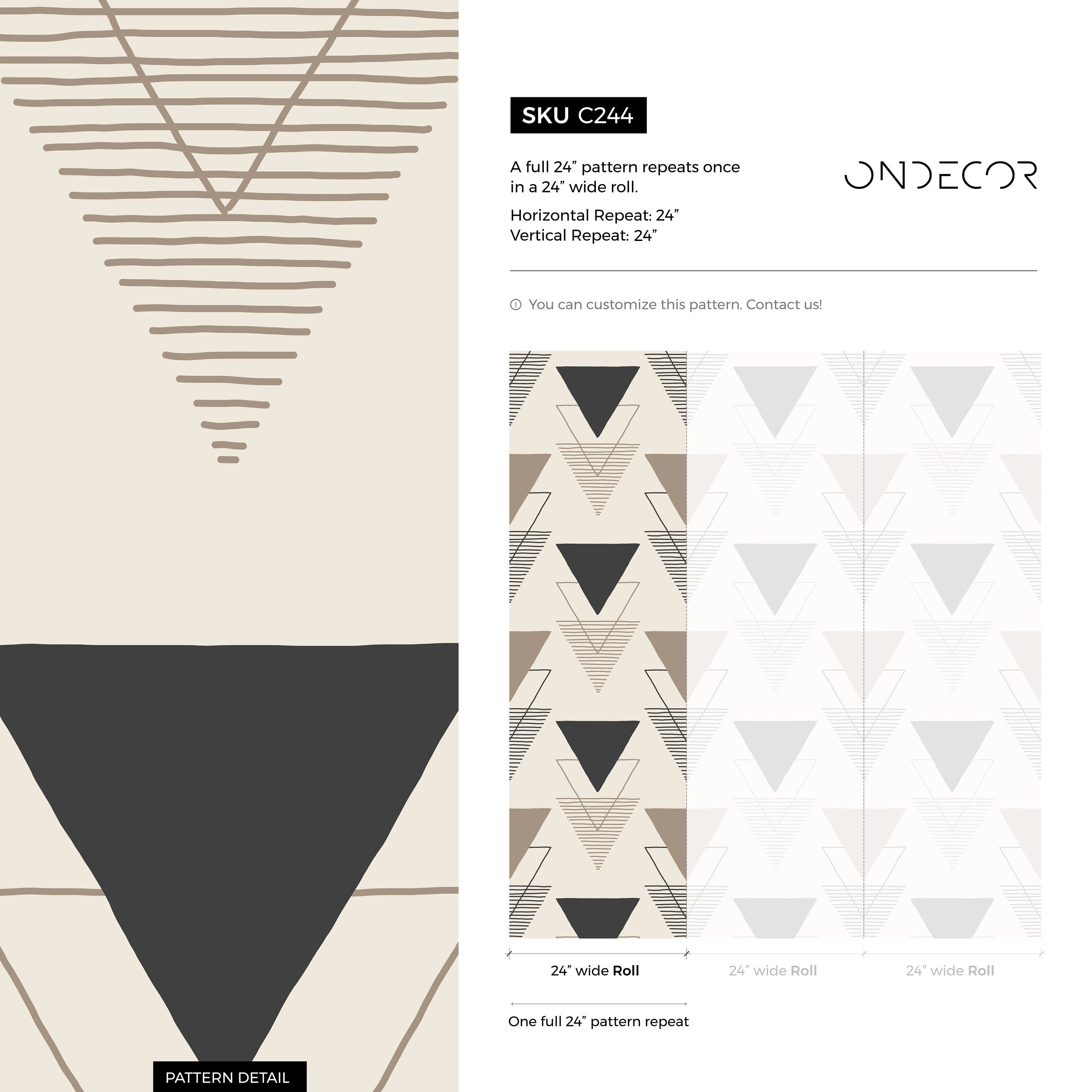 Geometric Wallpaper With Layered Triangle Motifs In Black, Taupe, And Cream - C244