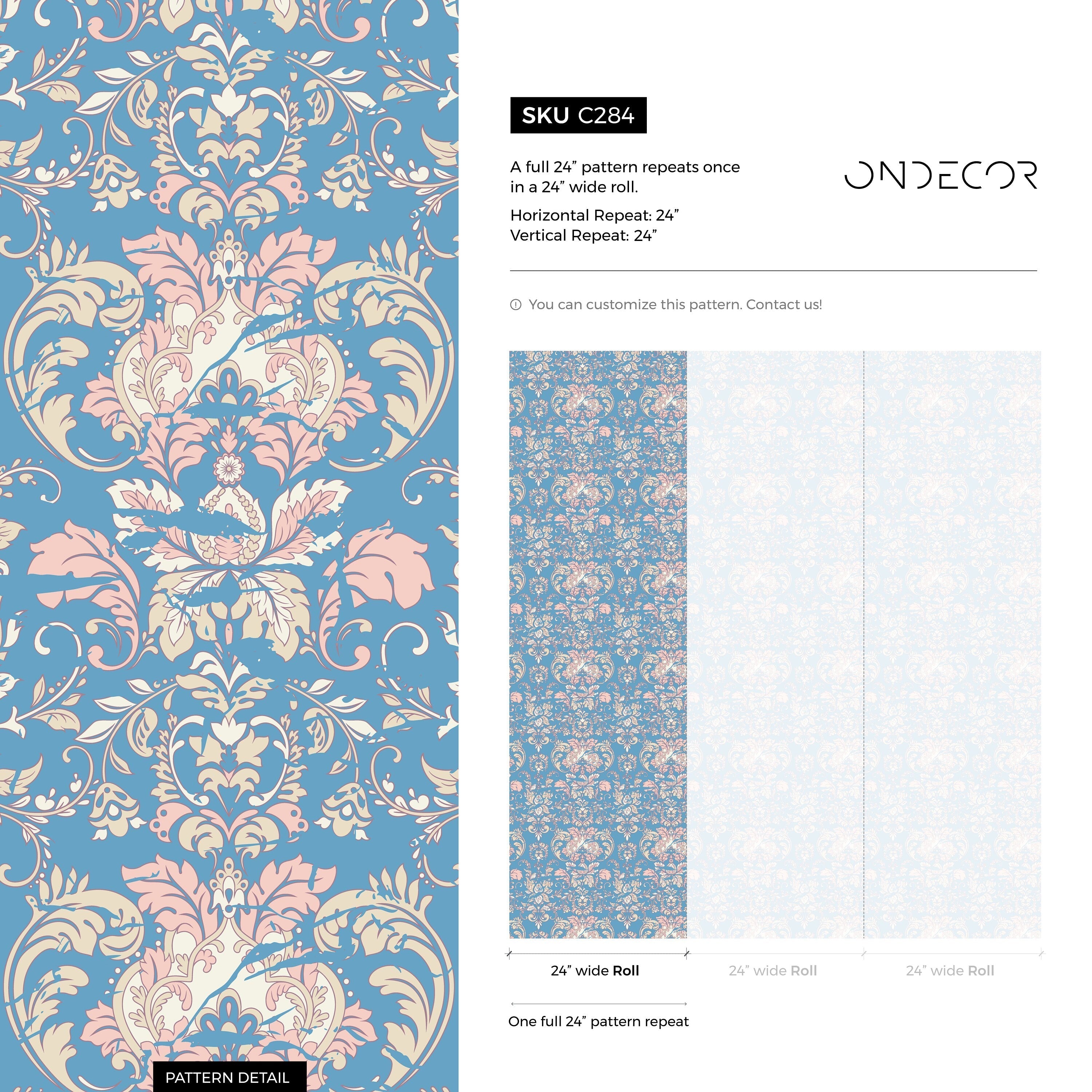 Damask Wallpaper With An Elegant Floral Motif In Blue, Pink, And Beige - C284