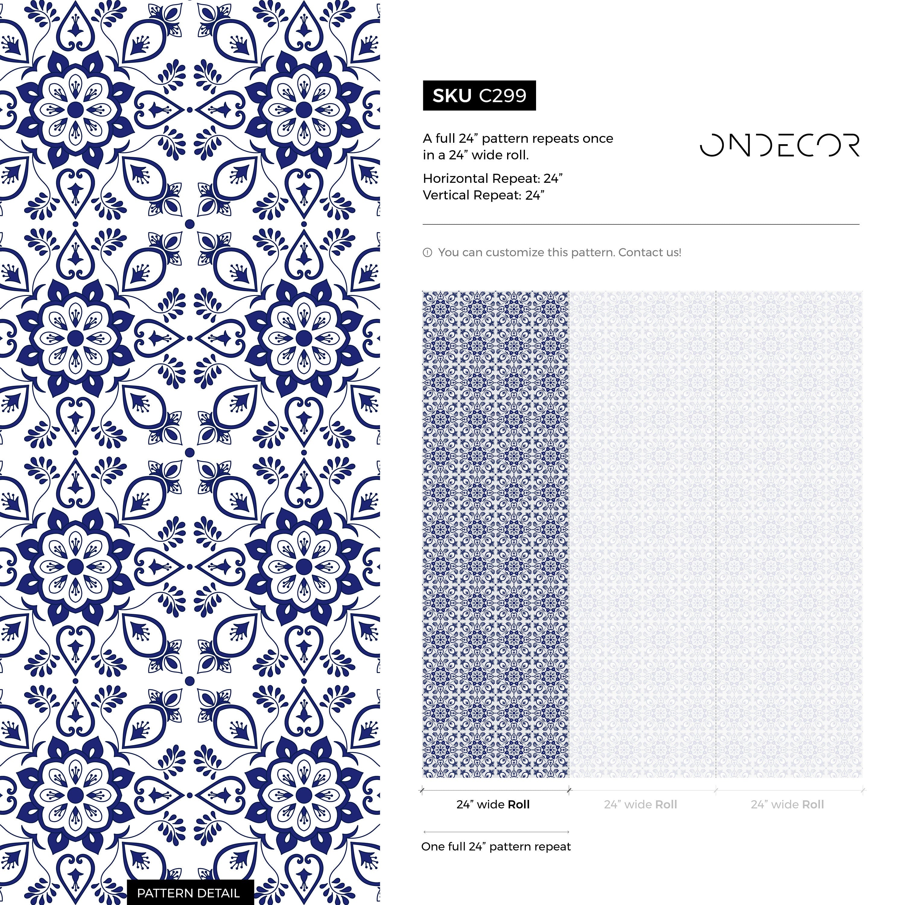 Tile Wallpaper With A Mediterranean Floral Motif In Blue And White - C299