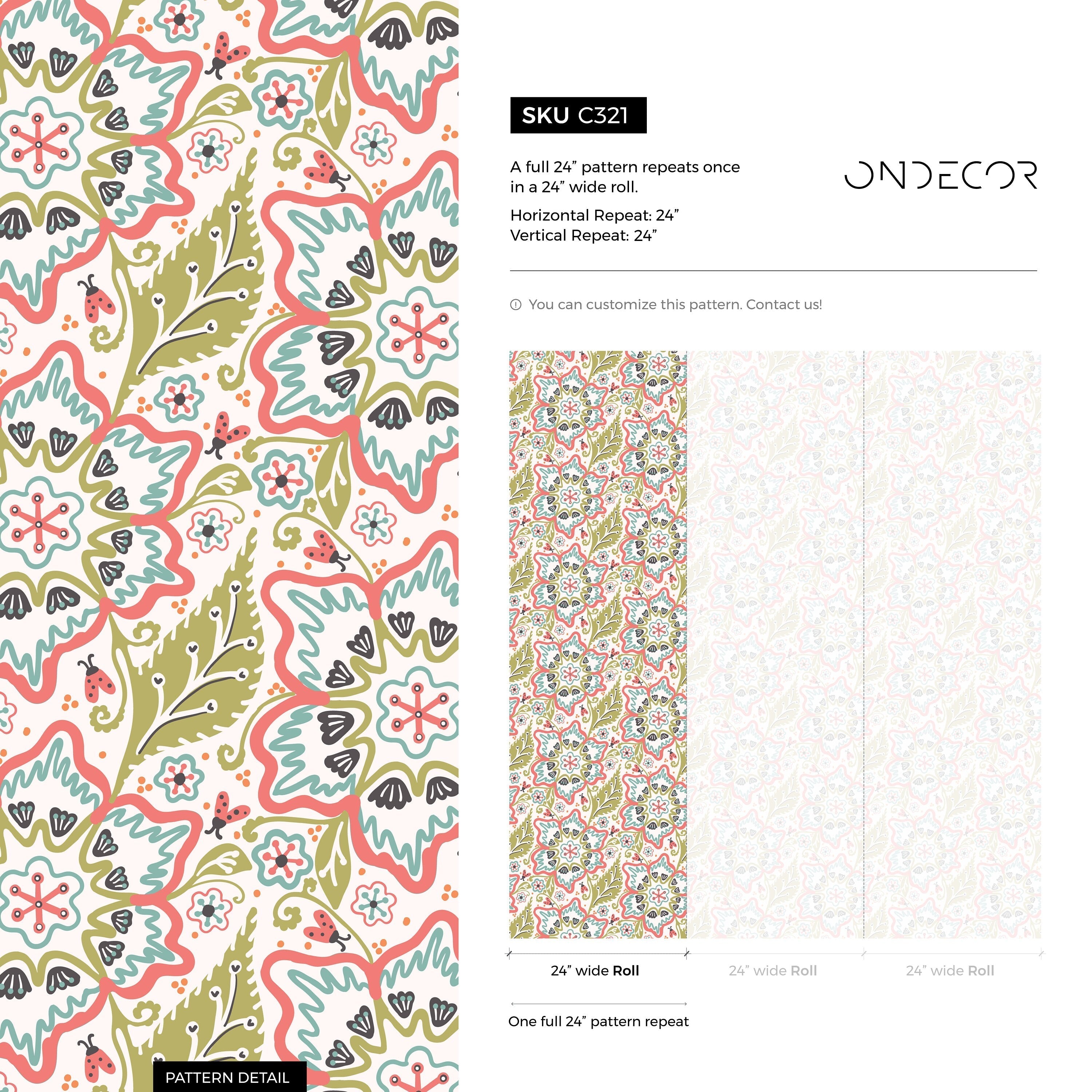 Floral Wallpaper With A Folk Art Motif In Coral, Teal, And Green - C321