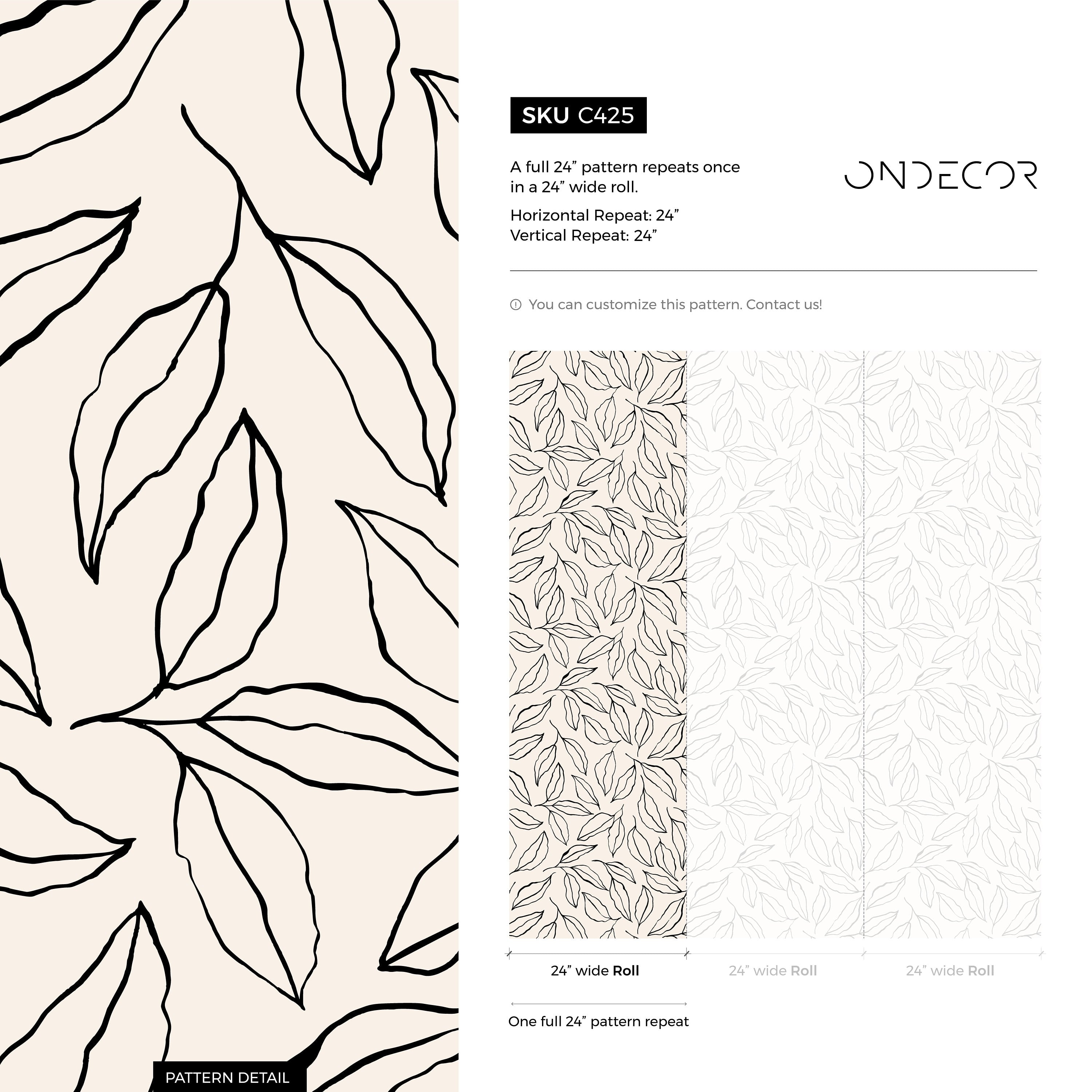 Botanical Wallpaper With A Hand-drawn Leaf Motif In Black And Beige - C425