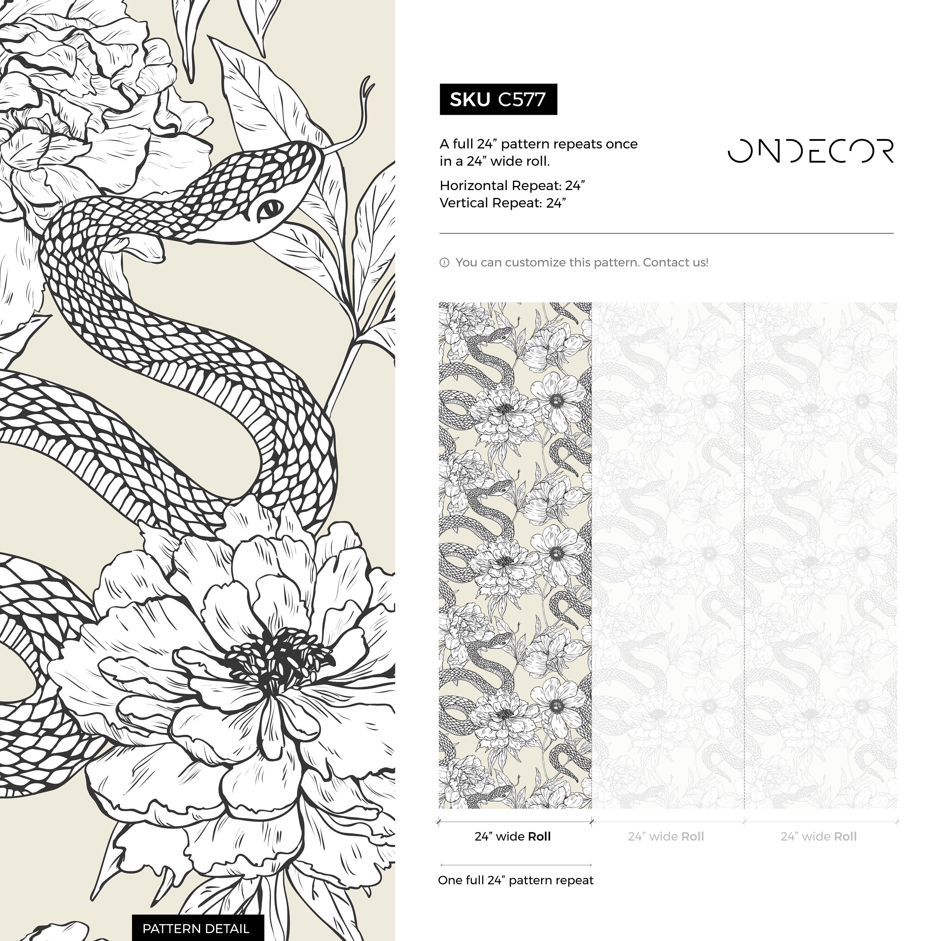Gothic Wallpaper With A Snake And Peony Motif In Beige, Black, And White - C577