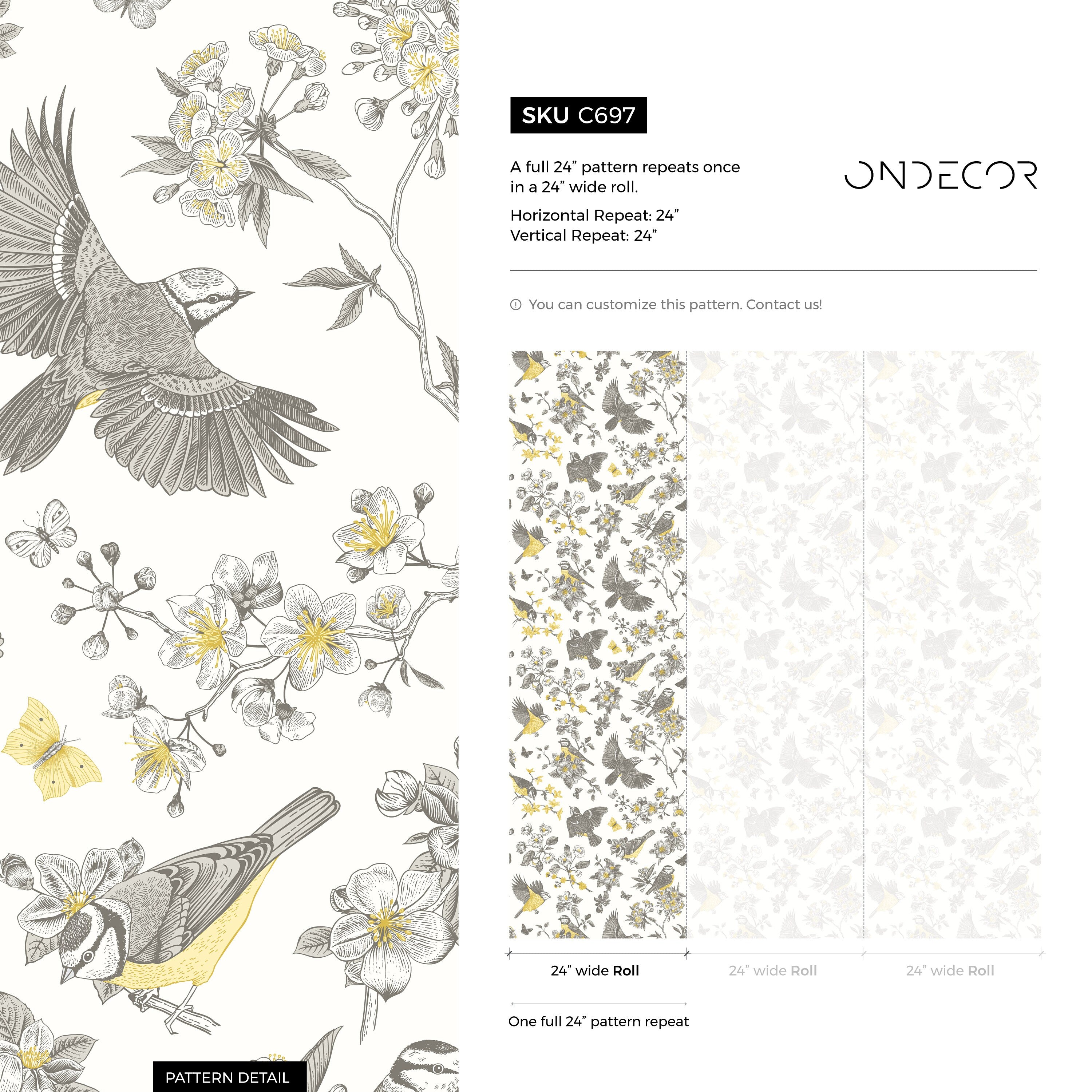 Bird Wallpaper Featuring Flowering Branches In Grey And Yellow - C697