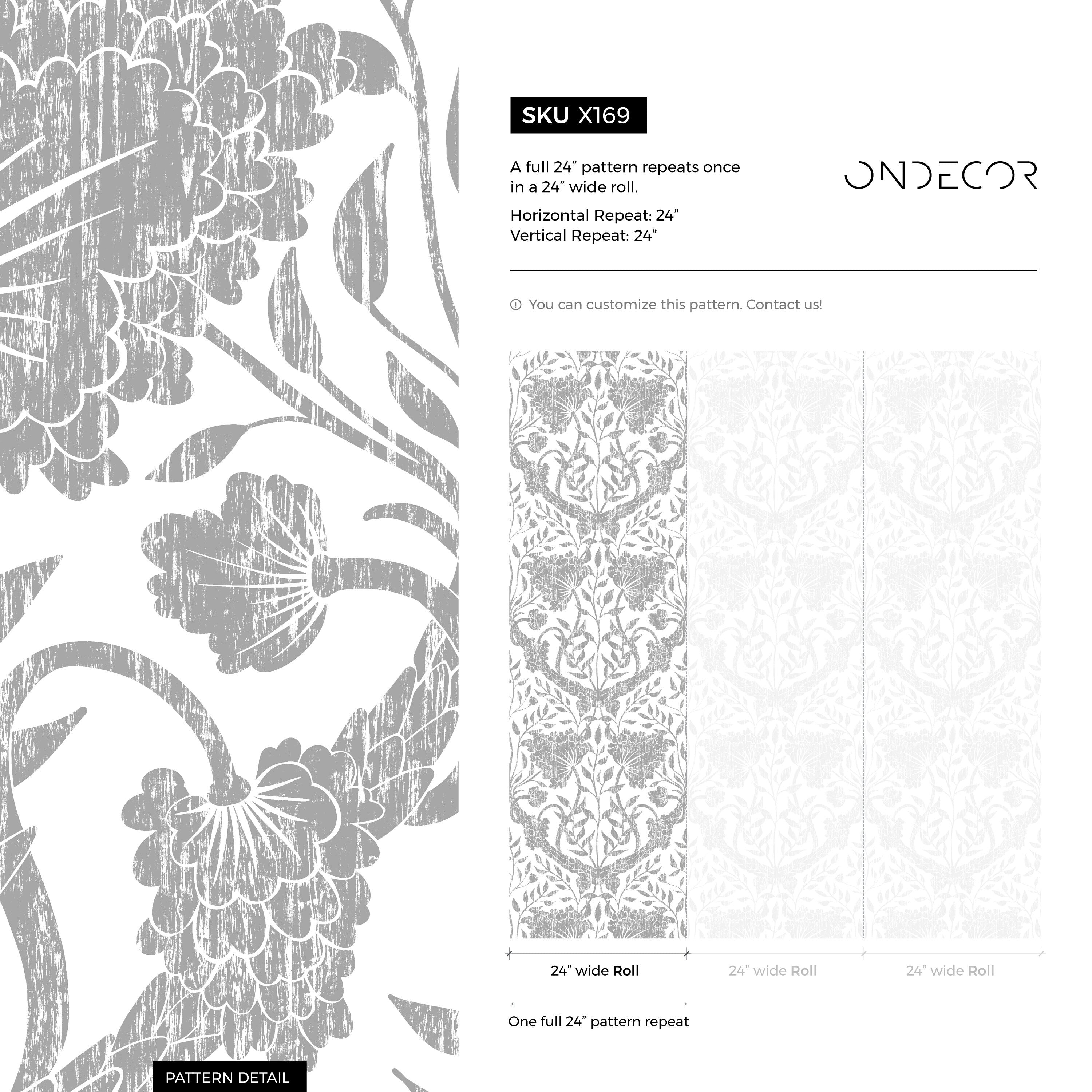 Floral Damask Wallpaper With A Distressed Motif In Grey - X169