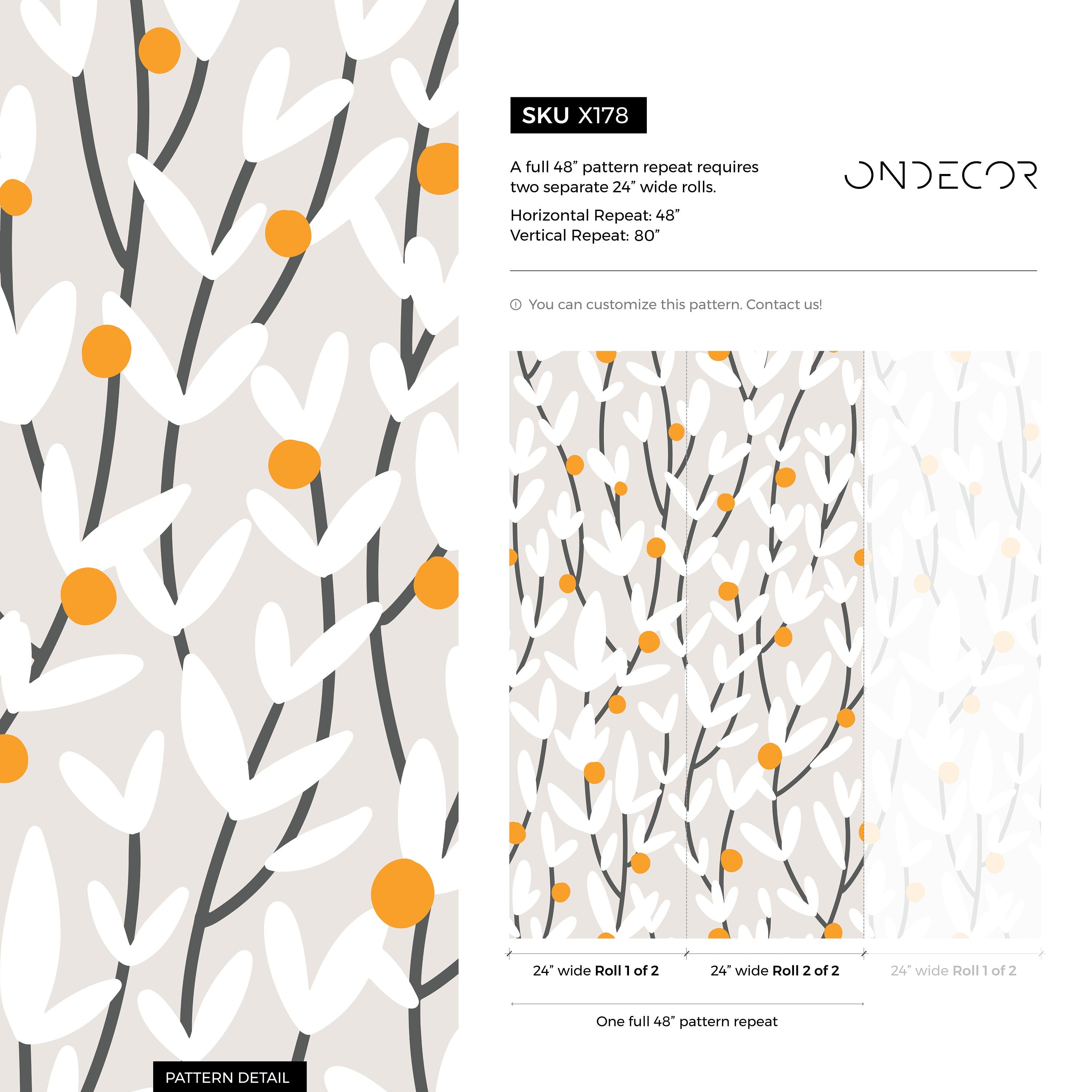 Floral Wallpaper With Abstract Blooms In Orange, White, And Charcoal - X178