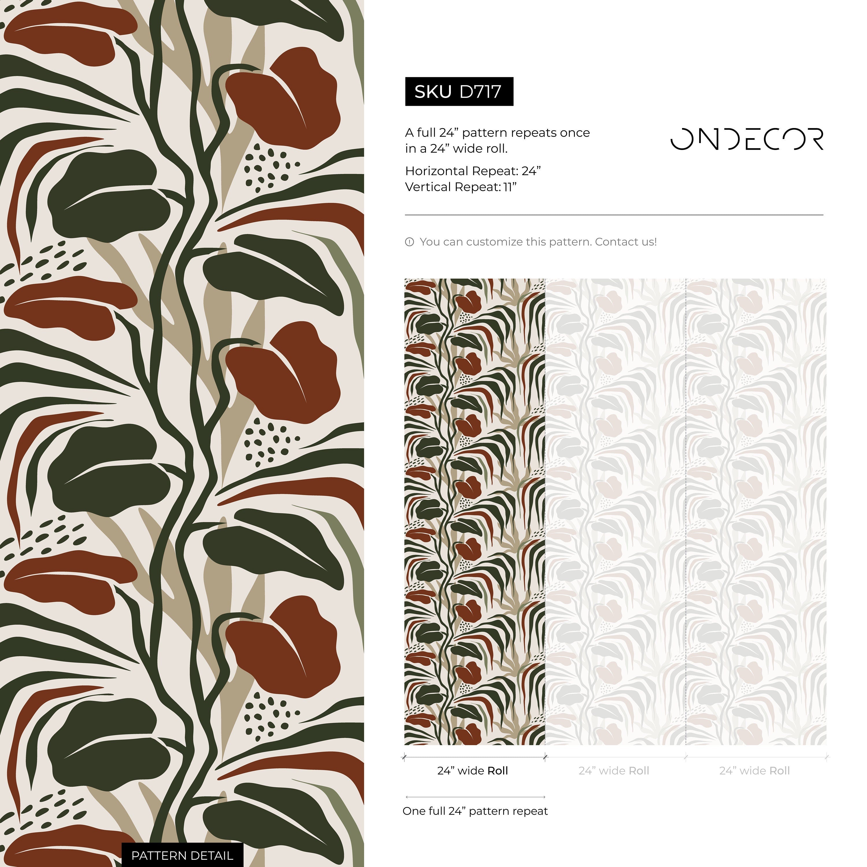 Botanical Wallpaper With Modern Abstract Leaves In Green And Terracotta - D717