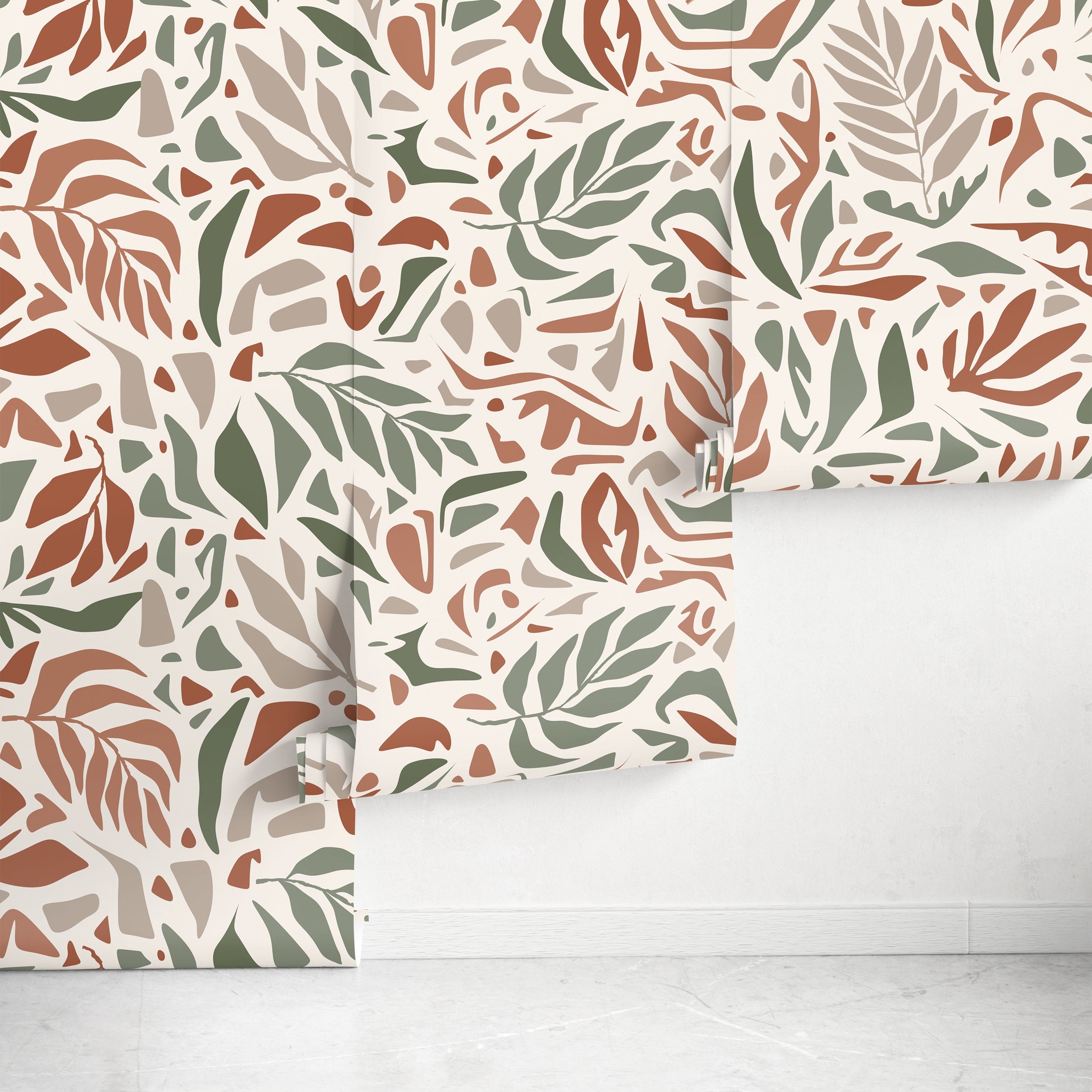 Abstract Wallpaper With An Abstract Botanical Motif In Taupe, Green, And Terracotta - D723