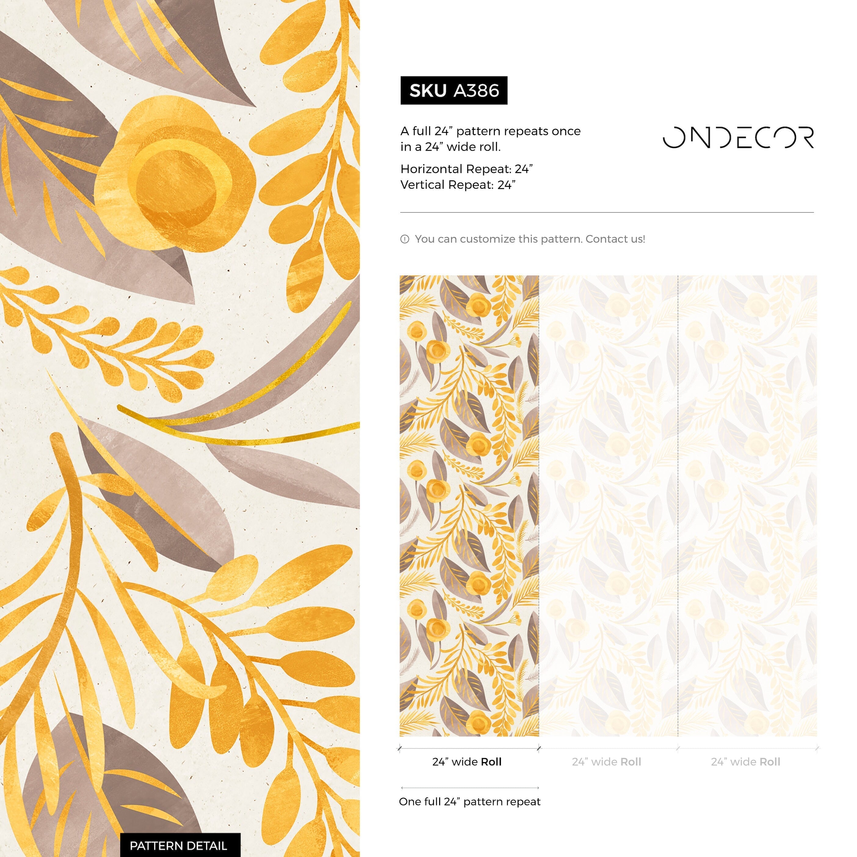 Botanical Wallpaper With Stylized Leaves And Flowers In Yellow And Taupe - A386