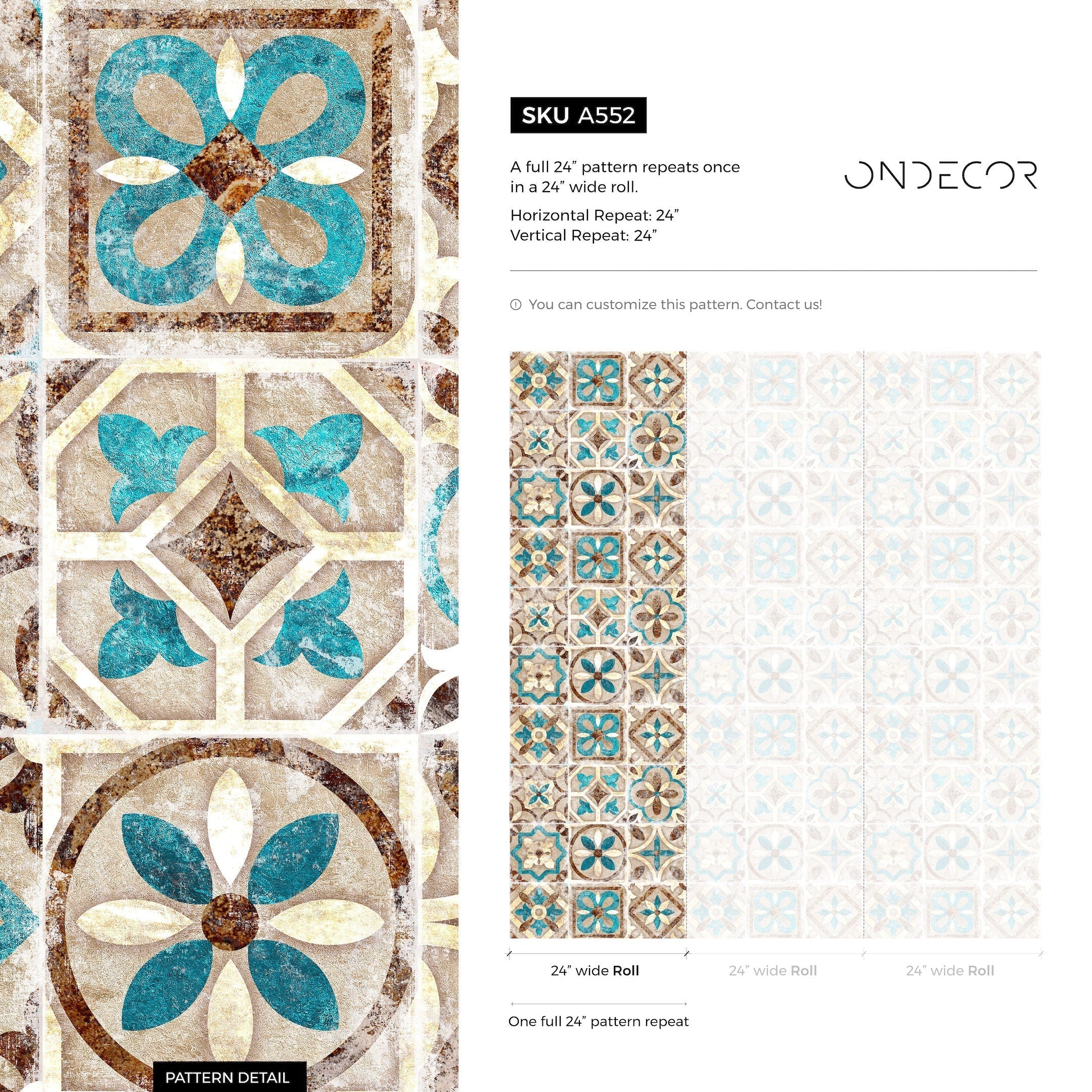 Tile Wallpaper With A Portuguese Motif In Teal, Brown, And Beige - A552