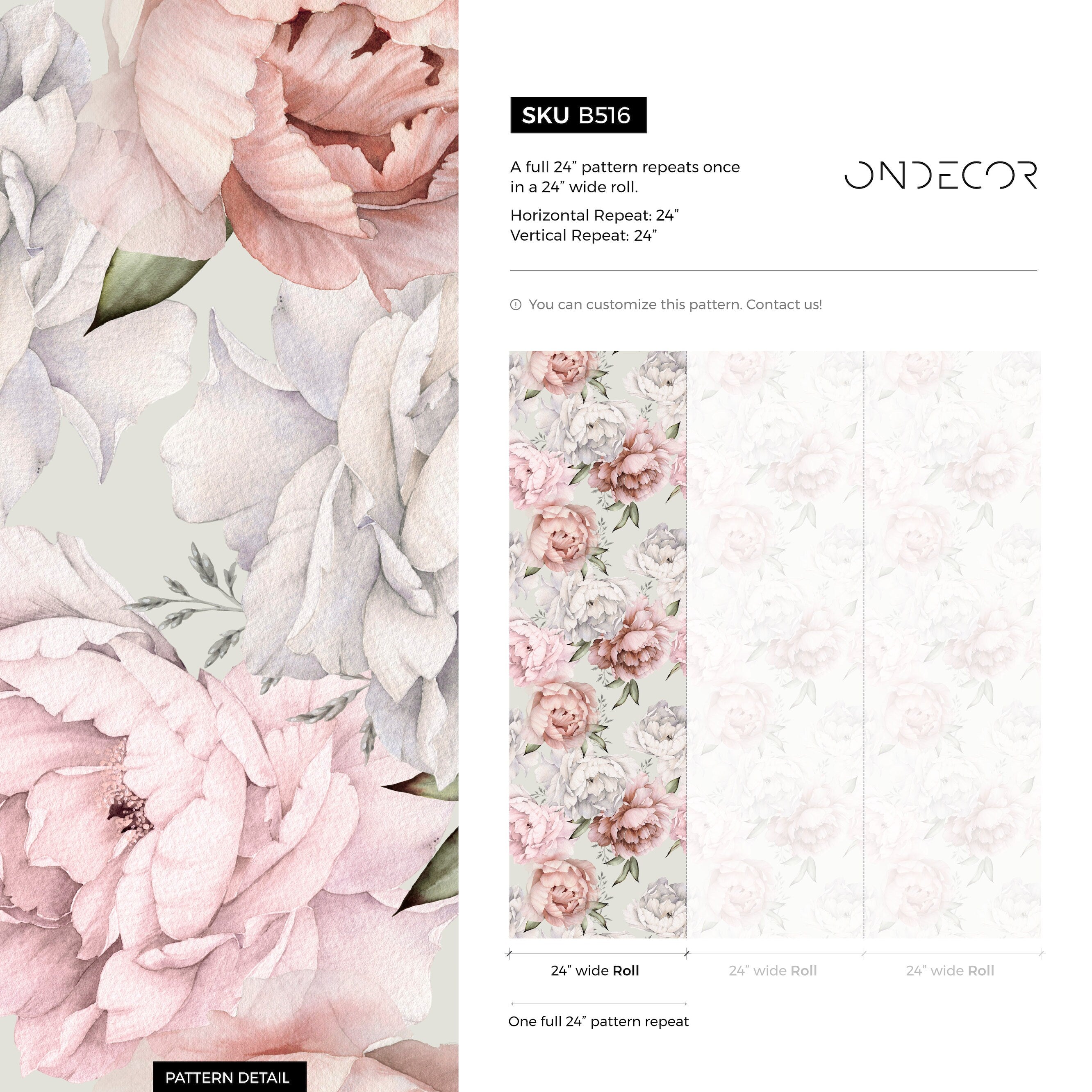 Floral Wallpaper Featuring Watercolor Peonies In Pink, White, And Green - B516