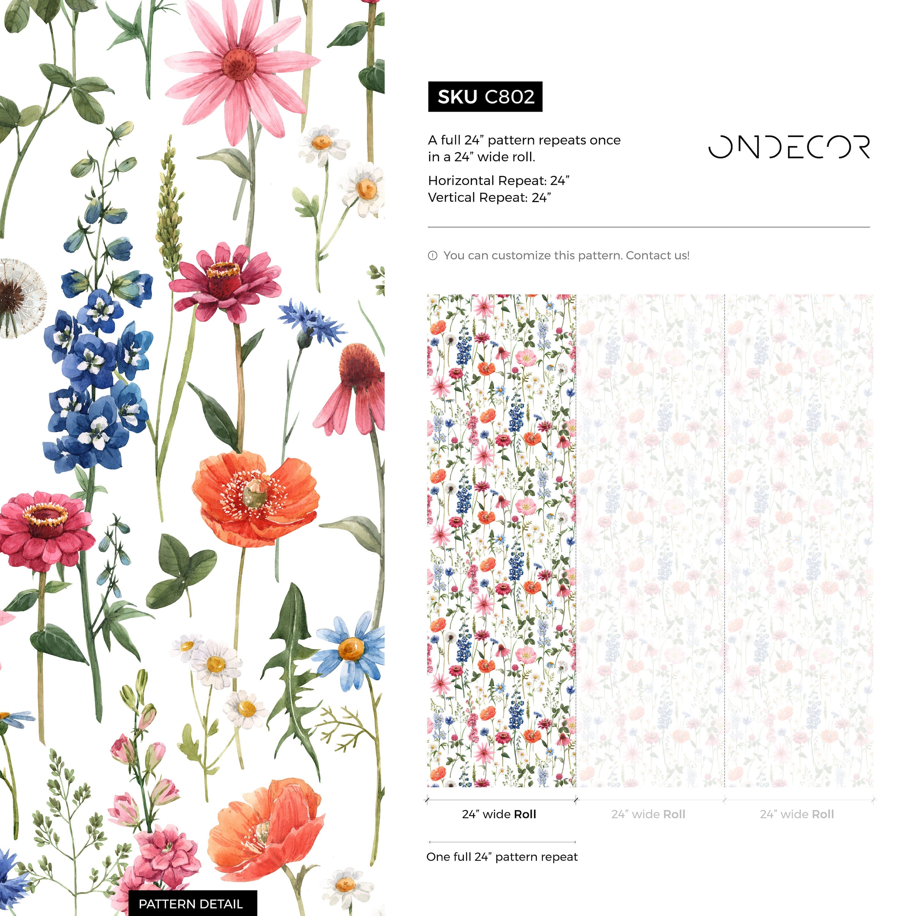 Botanical Wallpaper With A Colorful Wildflower Meadow In Pink, Blue, And Red - C802