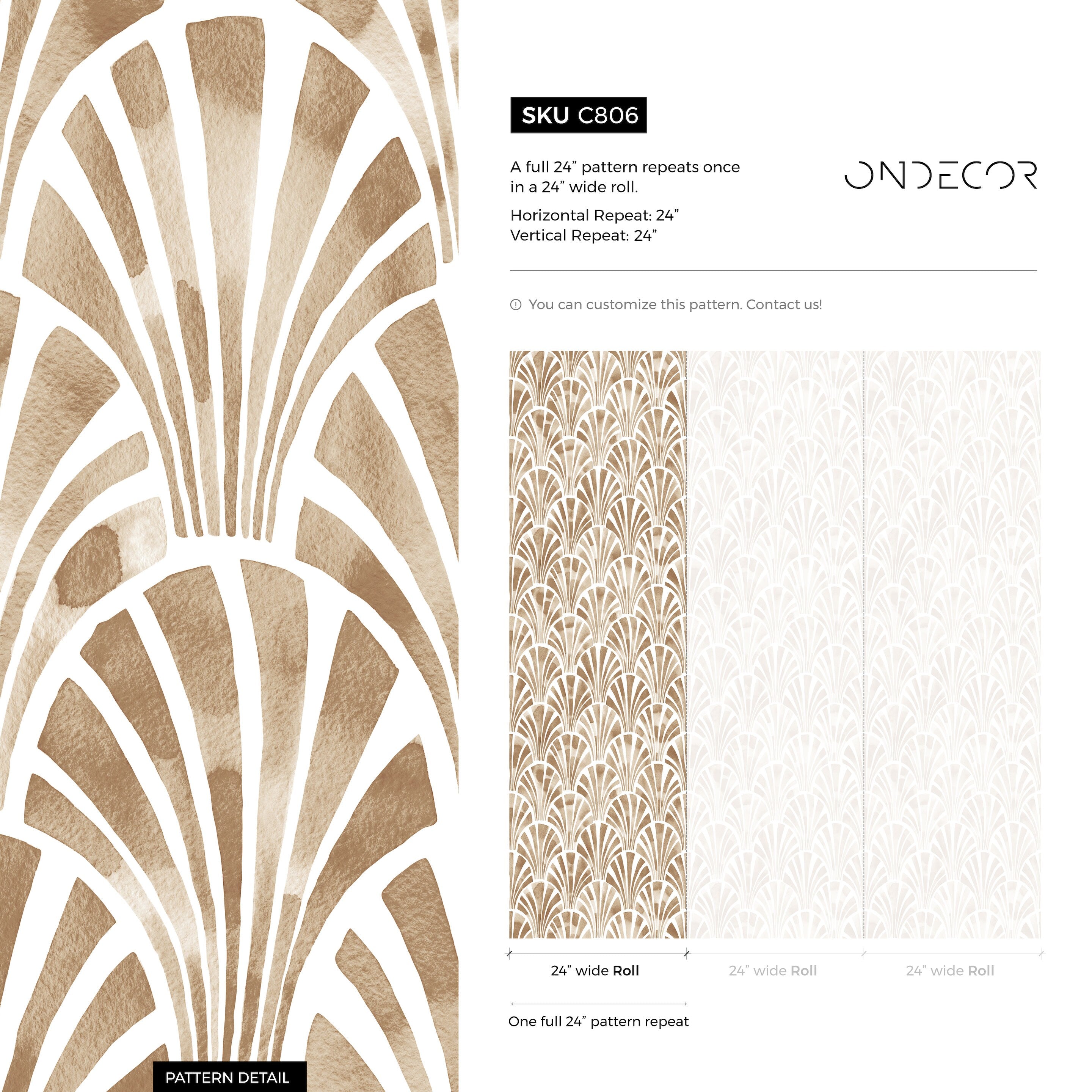 Art Deco Wallpaper With A Watercolor Fan Motif In Brown And White - C806