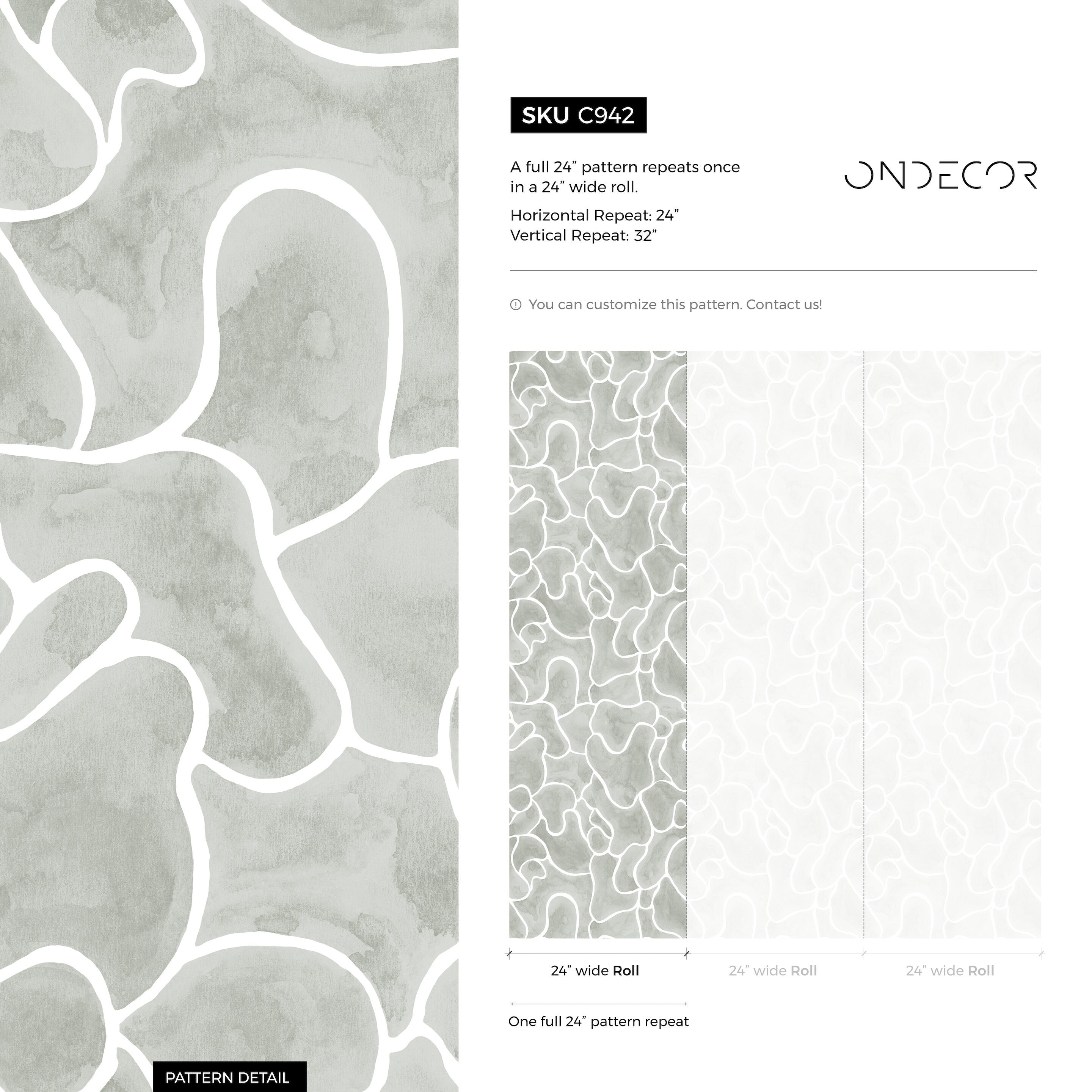 Abstract Wallpaper With Organic Fluid Lines In Sage Gray And White - C942