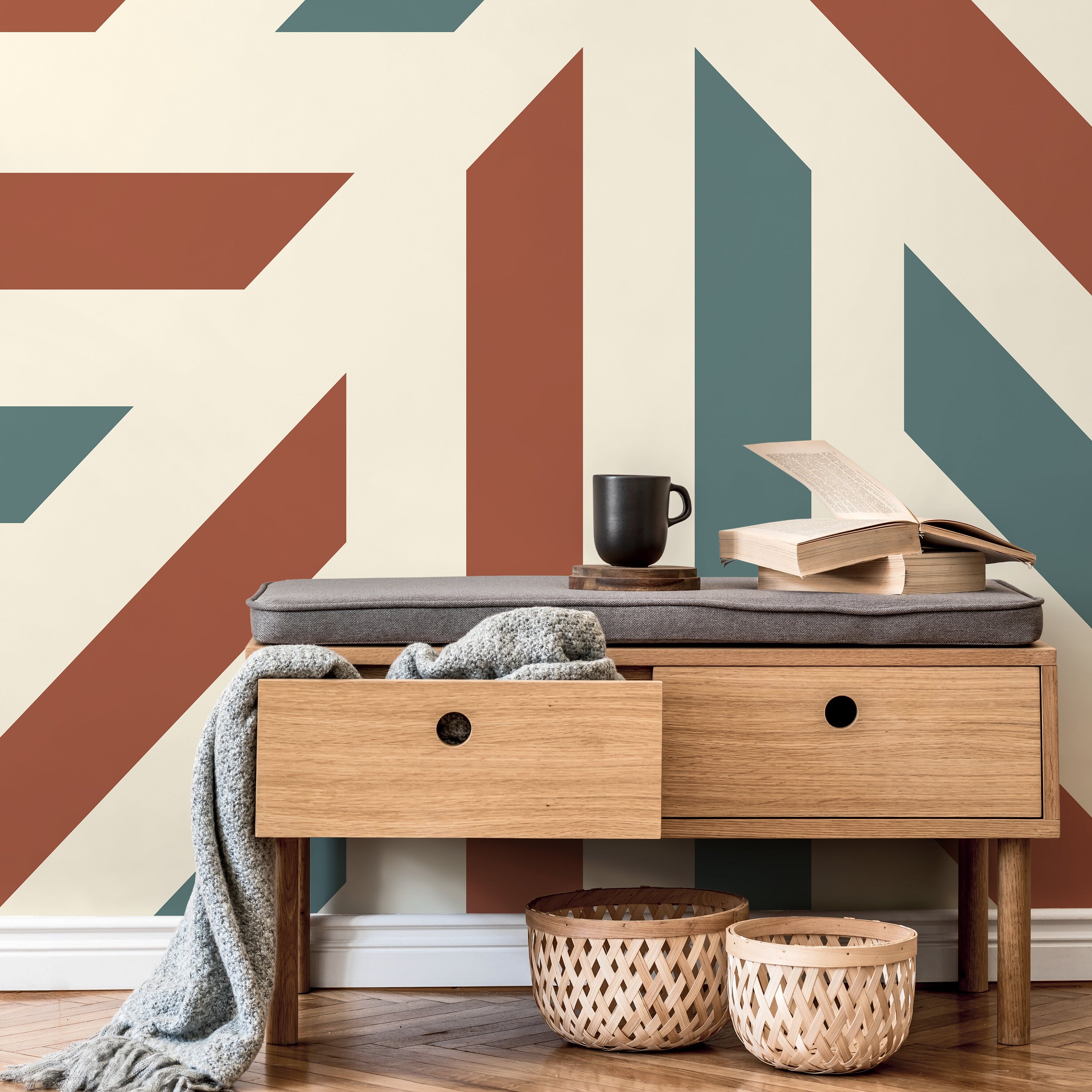 Geometric Wallpaper With Bold Stripes In Terracotta, Teal, And Cream - D733