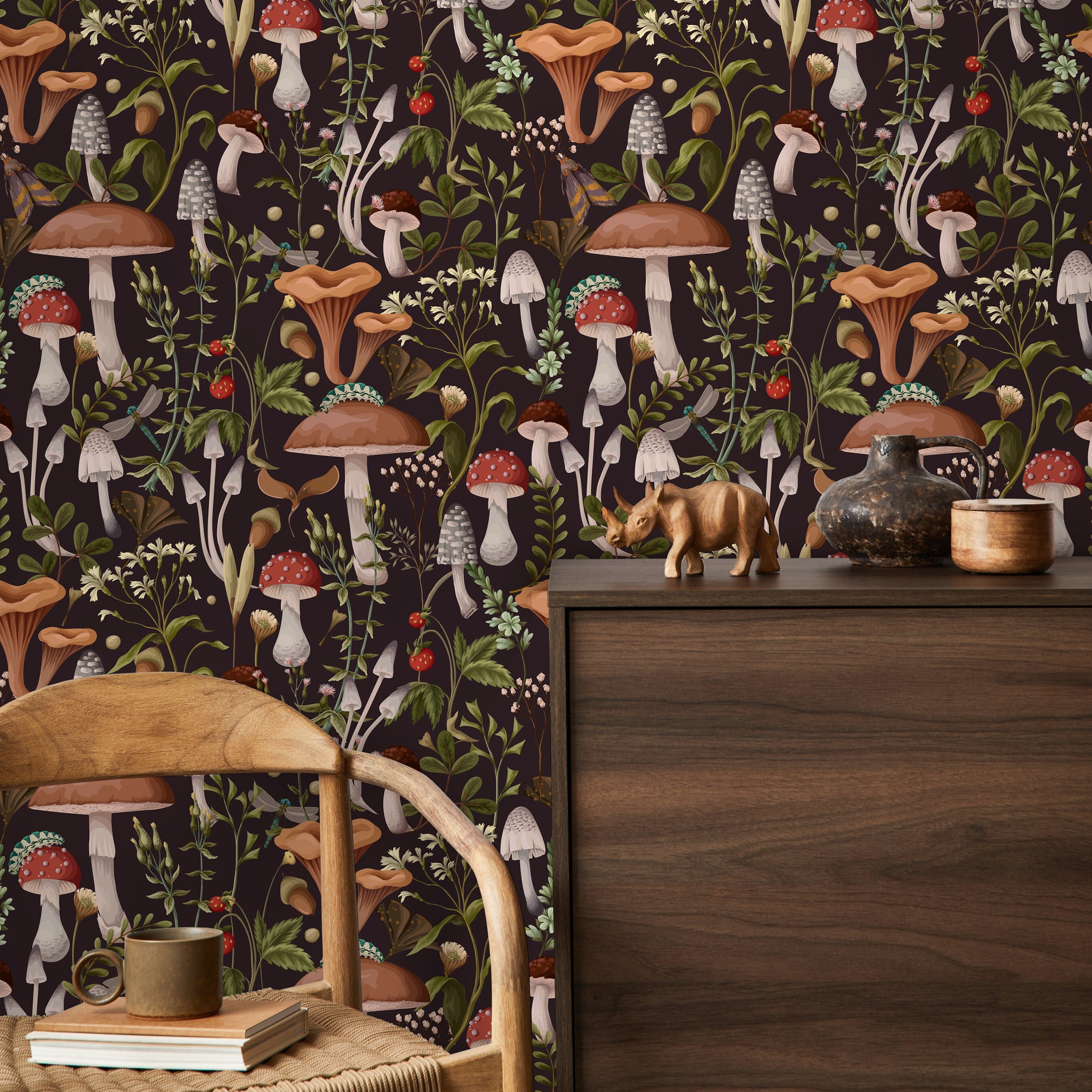 Botanical Wallpaper With A Dark Mushroom Forest Motif In Brown, Red, And Green - D816