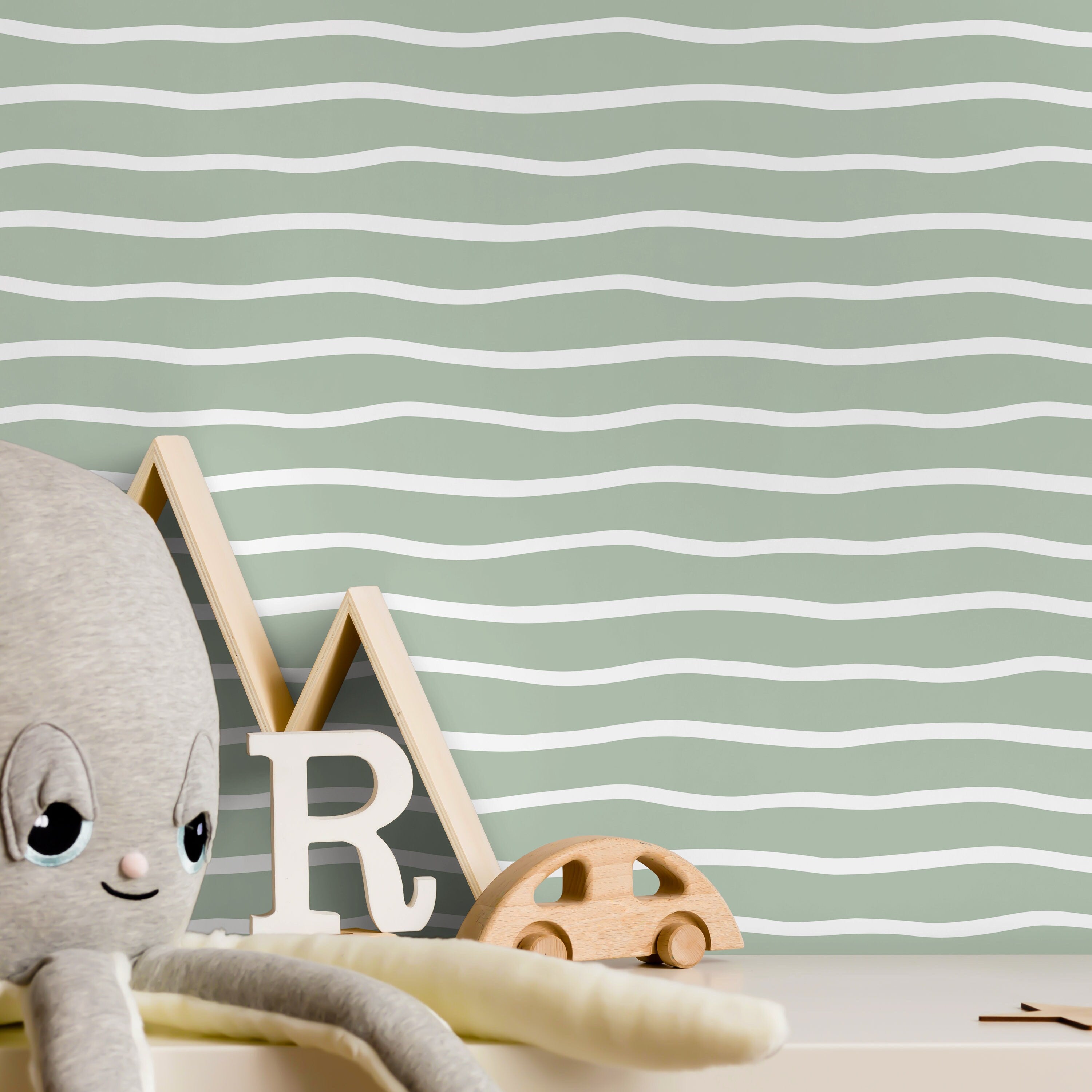 Abstract Wallpaper With Wavy Lines In Light Green And White - D747