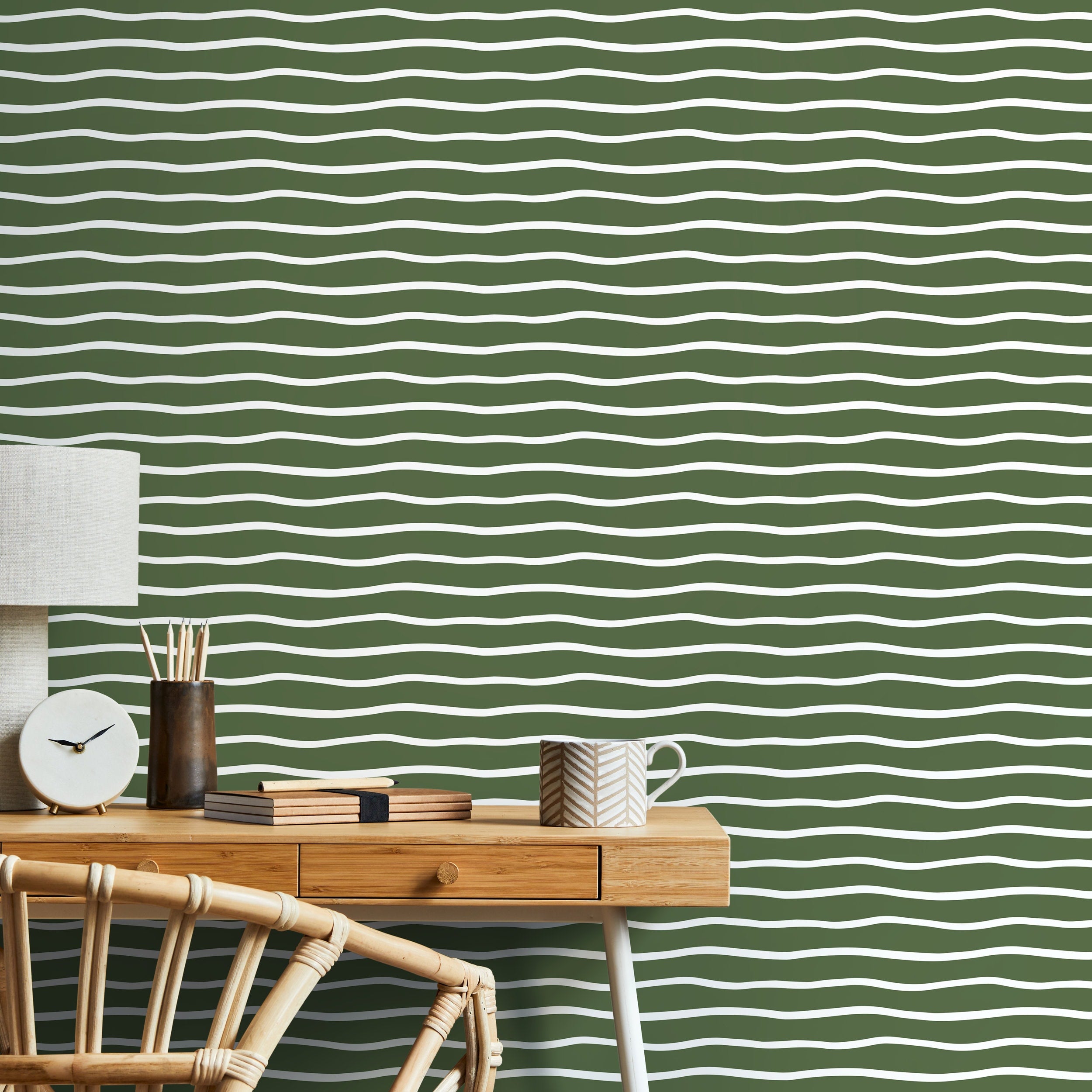 Abstract Wallpaper With Wavy Horizontal Lines In Dark Green And White - D750