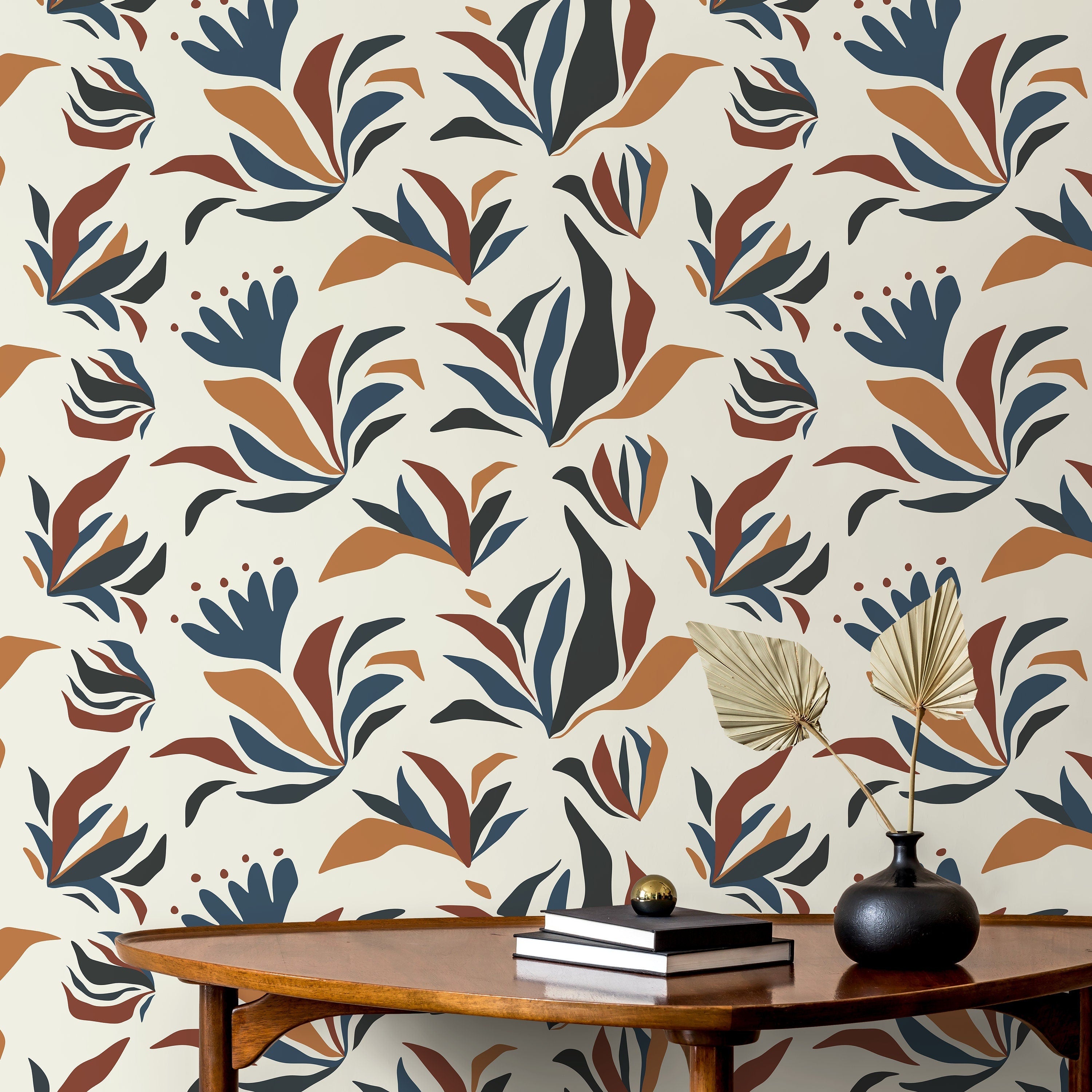 Abstract Floral Wallpaper With Botanical Shapes In Blue, Rust, And Black - D726