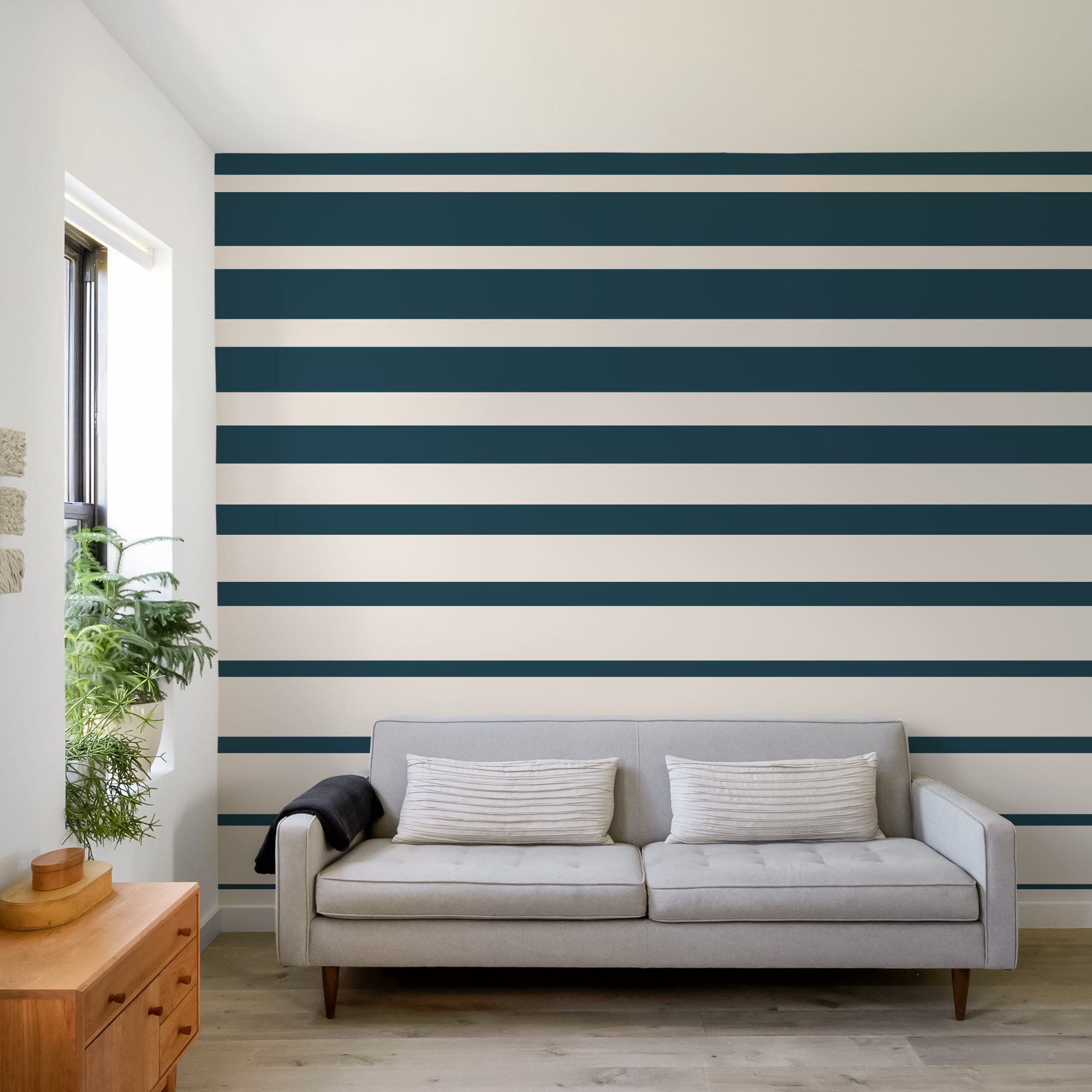 Striped Wallpaper With A Bold Horizontal Pattern In Dark Teal And Cream - D729