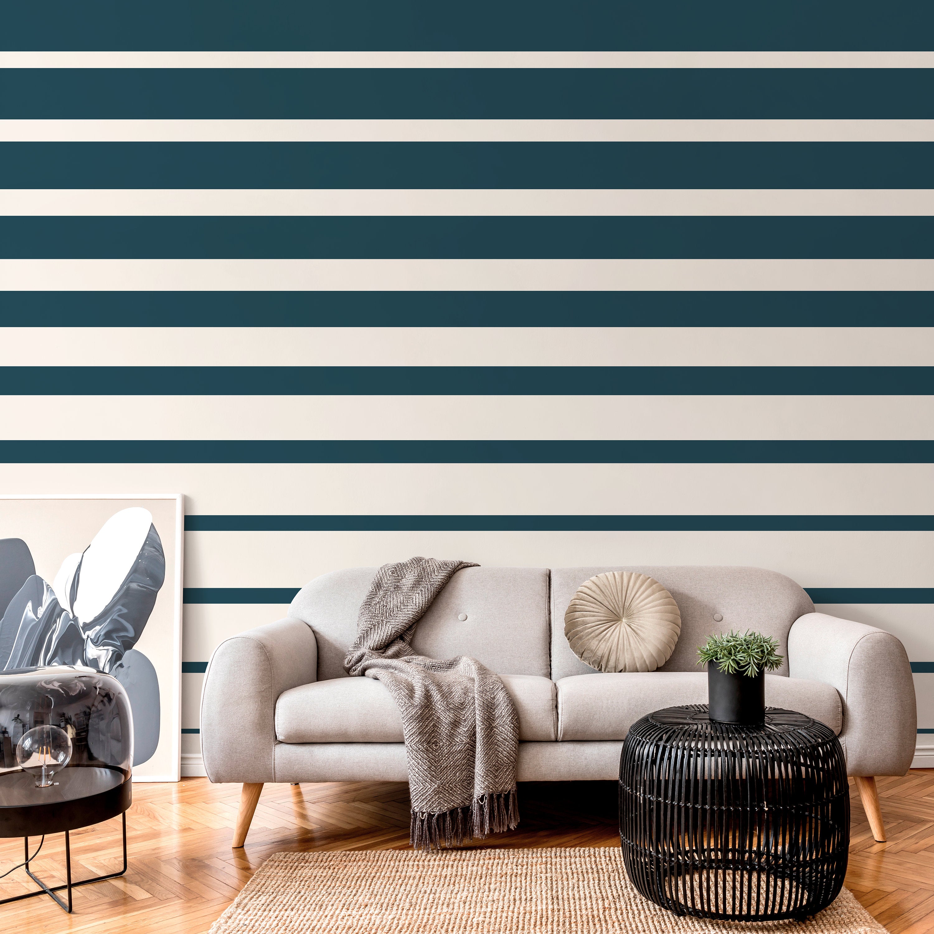 Striped Wallpaper With A Bold Horizontal Pattern In Dark Teal And Cream - D729