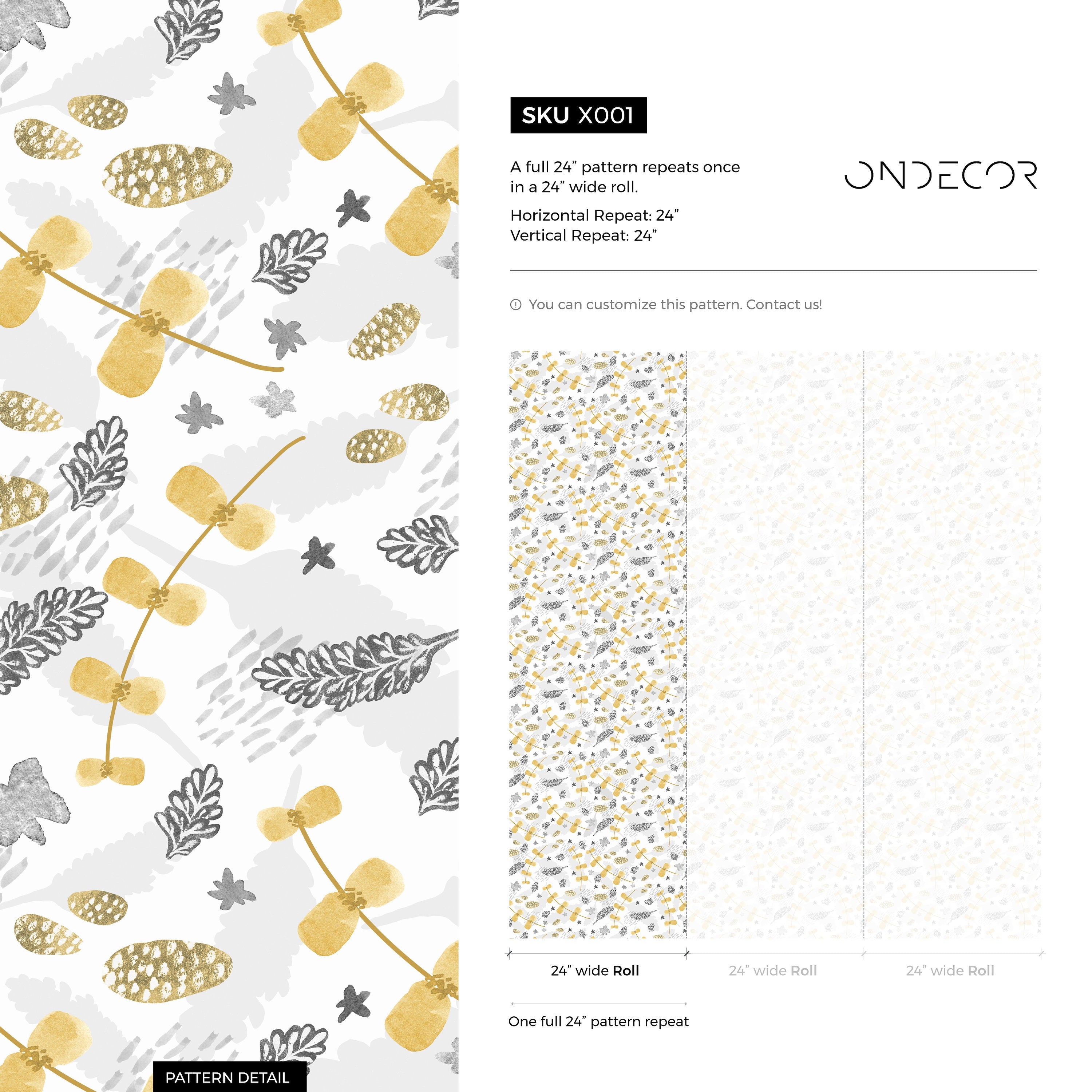 Botanical Wallpaper With Stylized Stems And Leaves In Yellow And Grey - X001