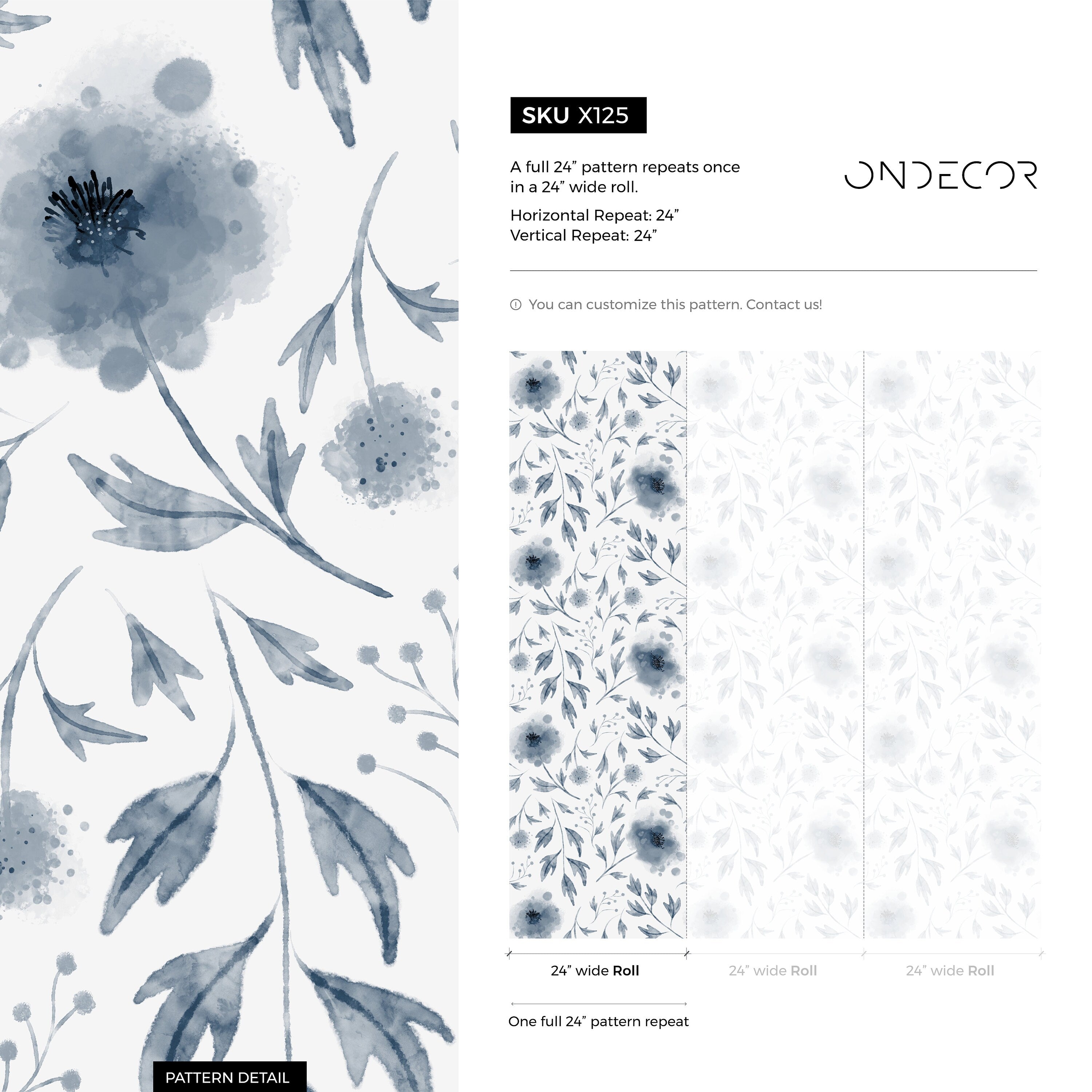Floral Wallpaper With Delicate Watercolor Poppies In Blue And Black - X125
