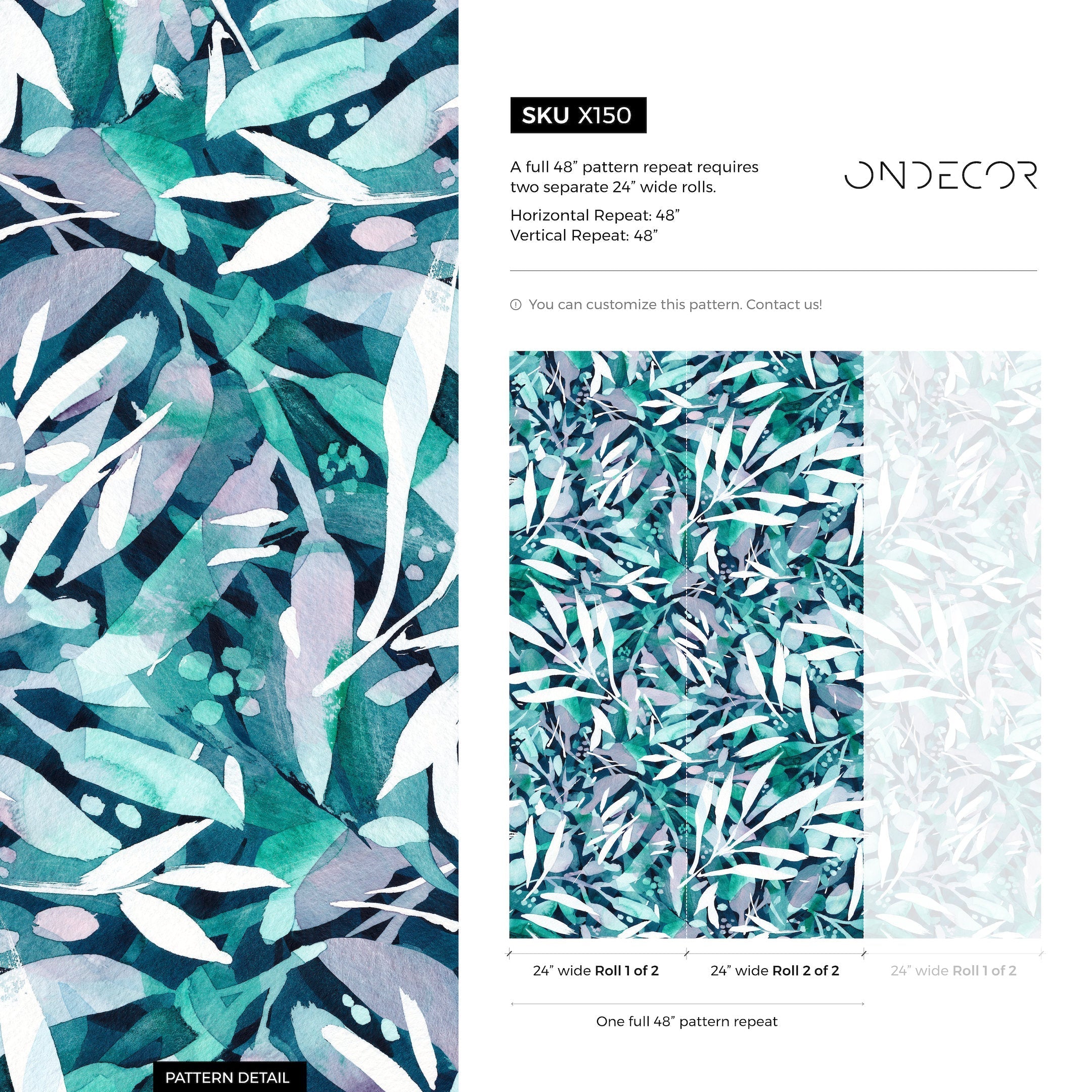 Abstract Botanical Wallpaper With Painterly Leaves In Teal, Green, And Lavender - X150