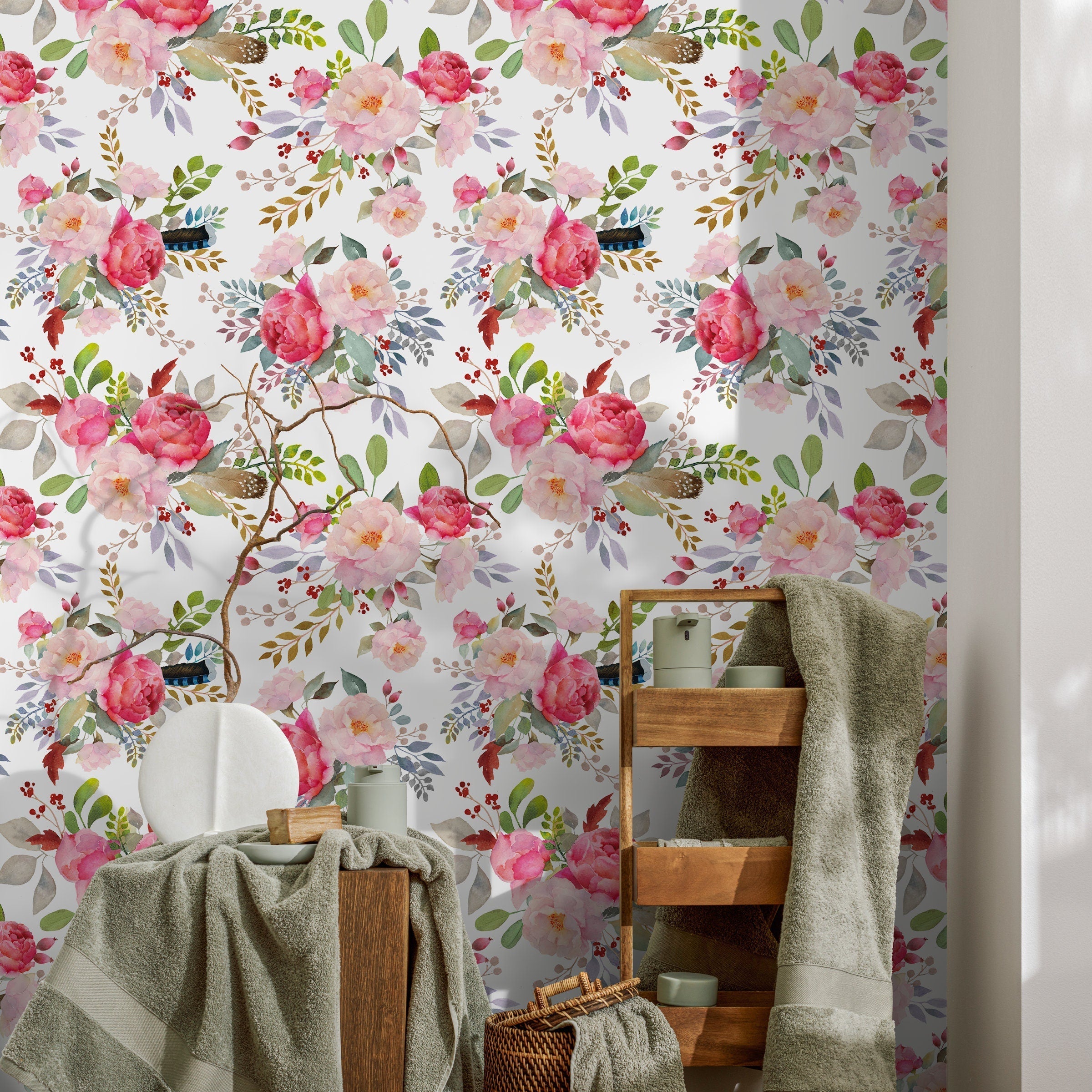 Floral Wallpaper With Watercolor Peonies In Pink, Red, And Green - A184