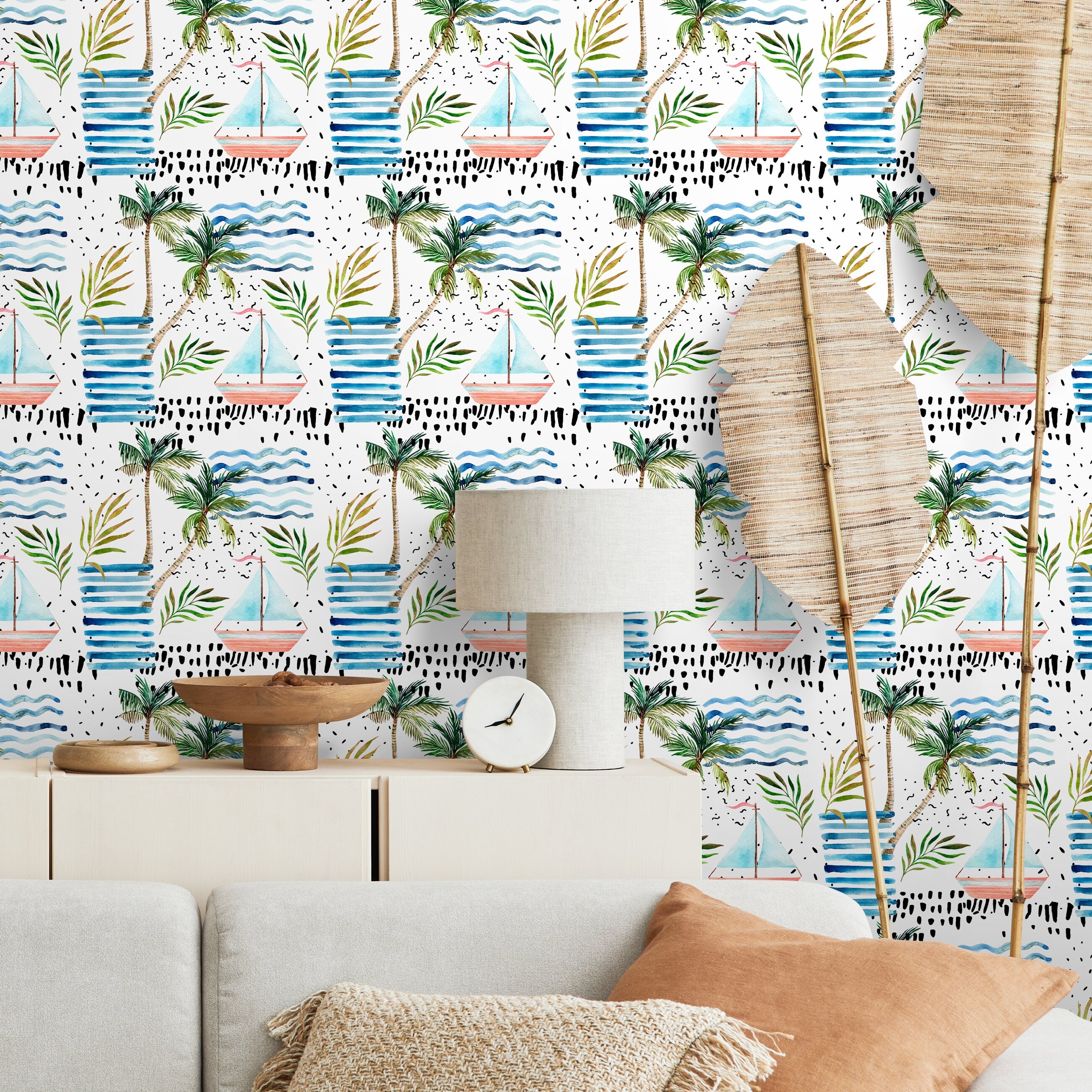 Nautical Wallpaper With Watercolor Sailboats In Blue, Green, And Pink - A185