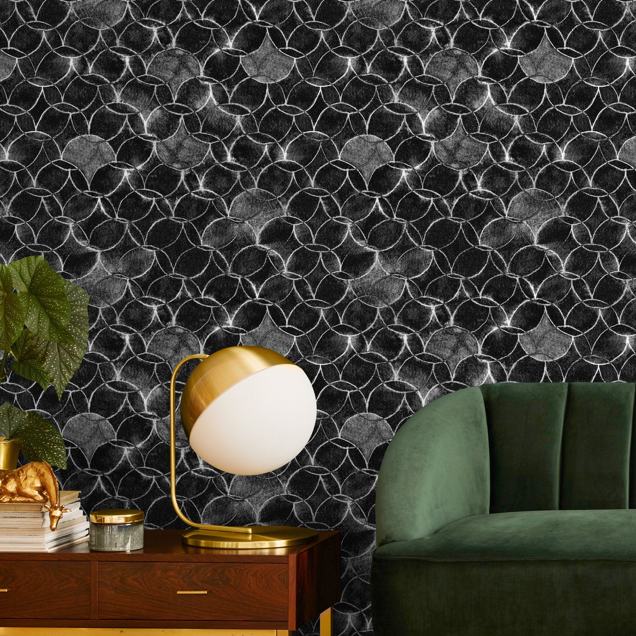 Geometric Wallpaper With Interlocking Circles In Black, White, And Gray - X076