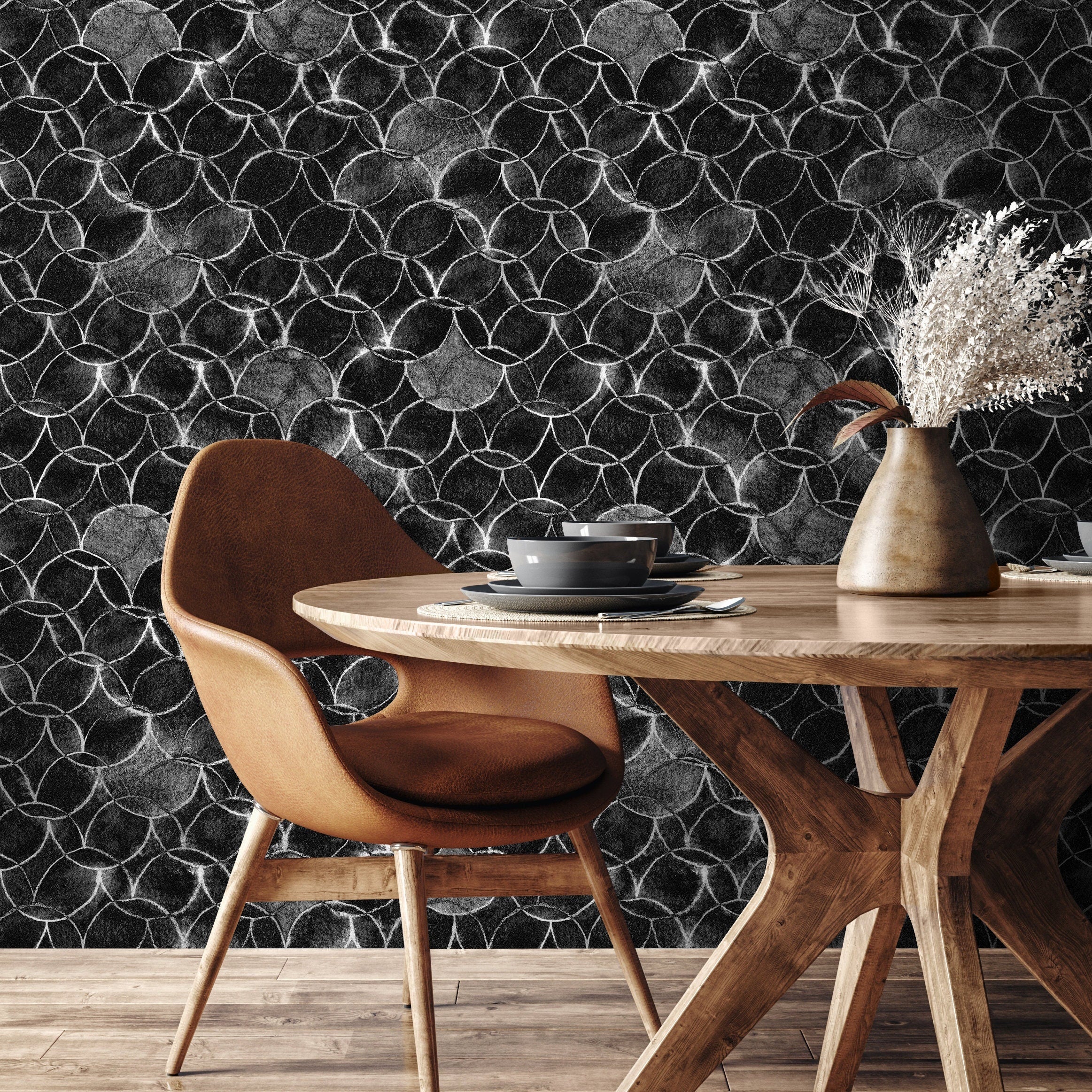 Geometric Wallpaper With Interlocking Circles In Black, White, And Gray - X076