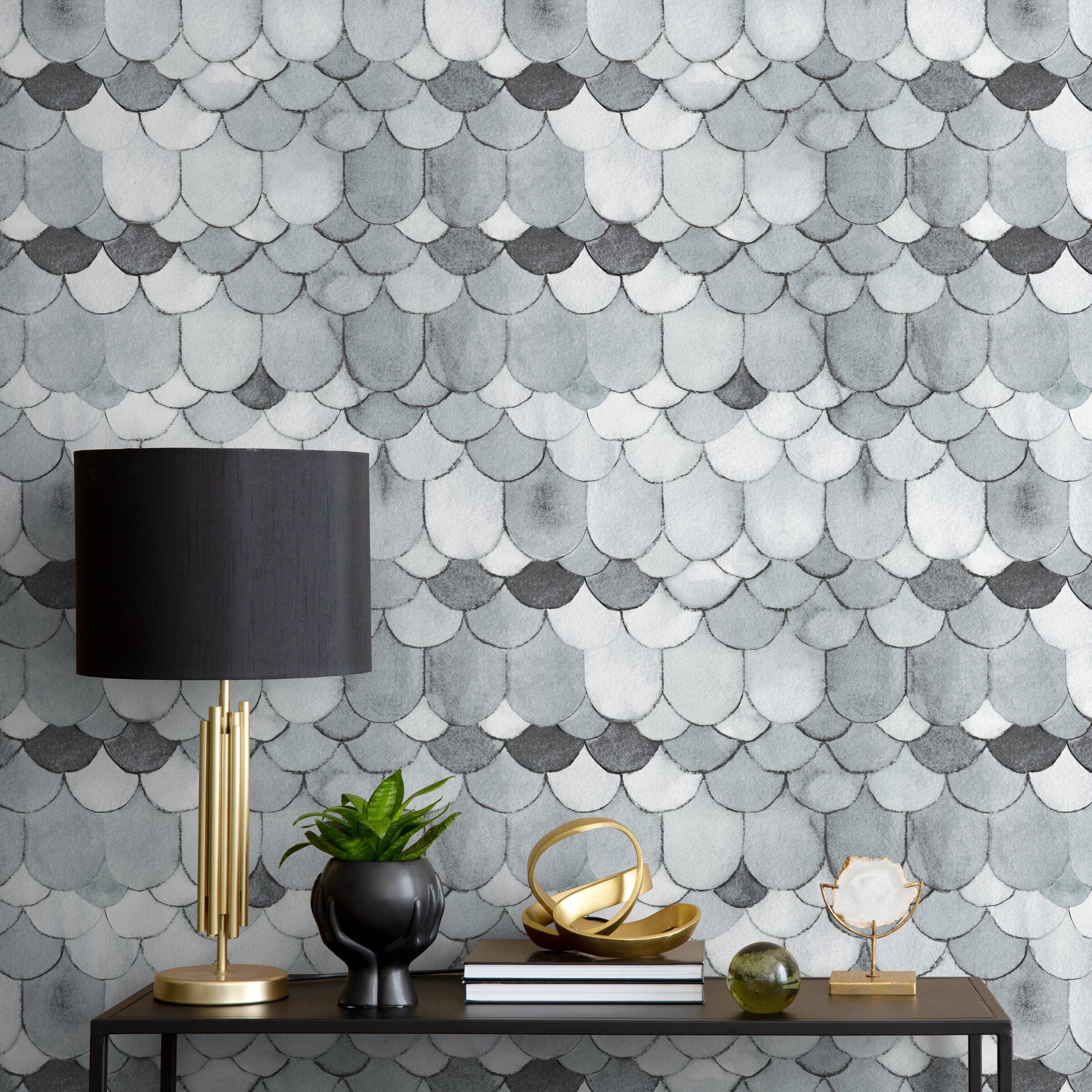 Scallop Wallpaper With A Watercolor Fish Scale Motif In Gray And Charcoal - X077