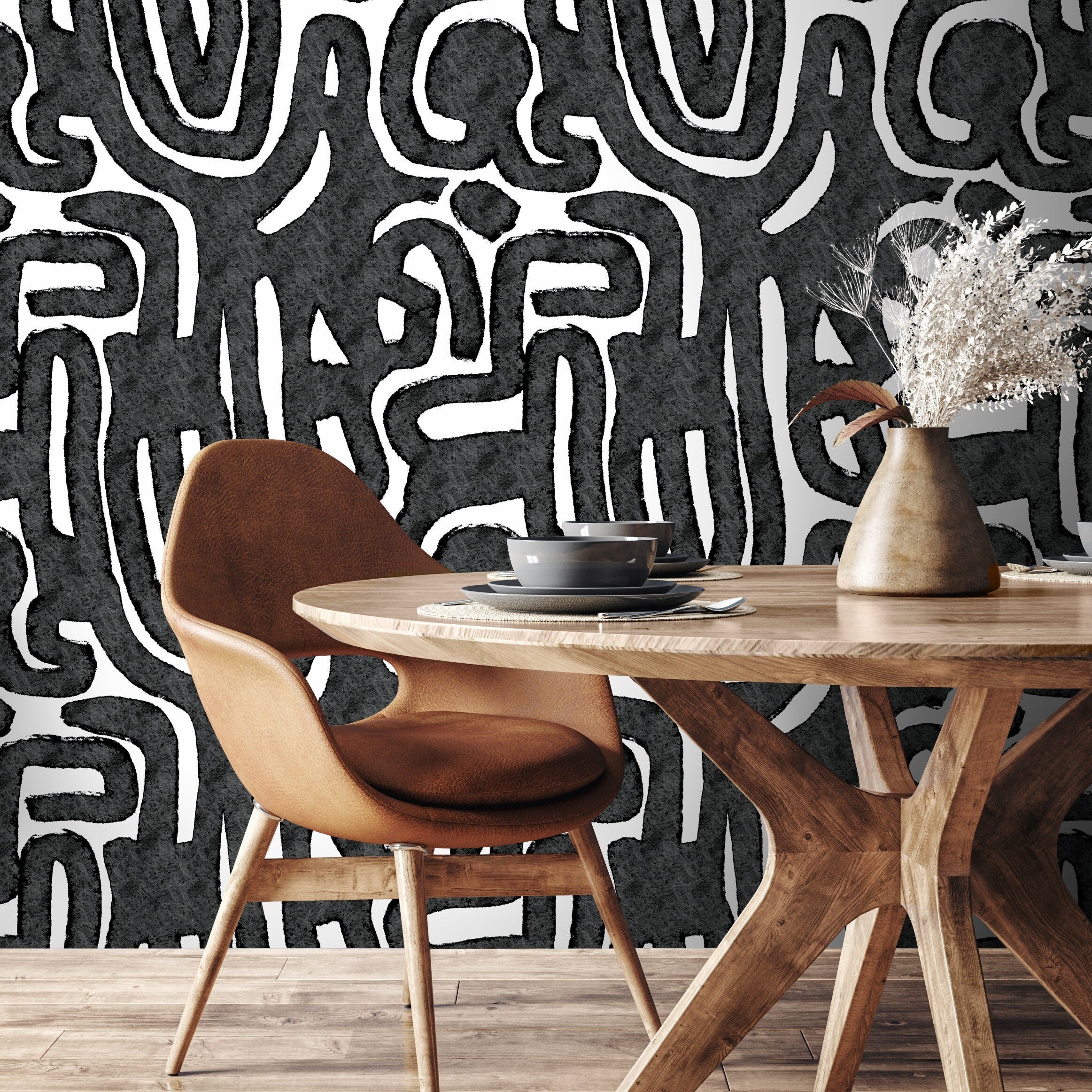 Abstract Wallpaper Featuring Bold Tribal Linework In Black And White - X103