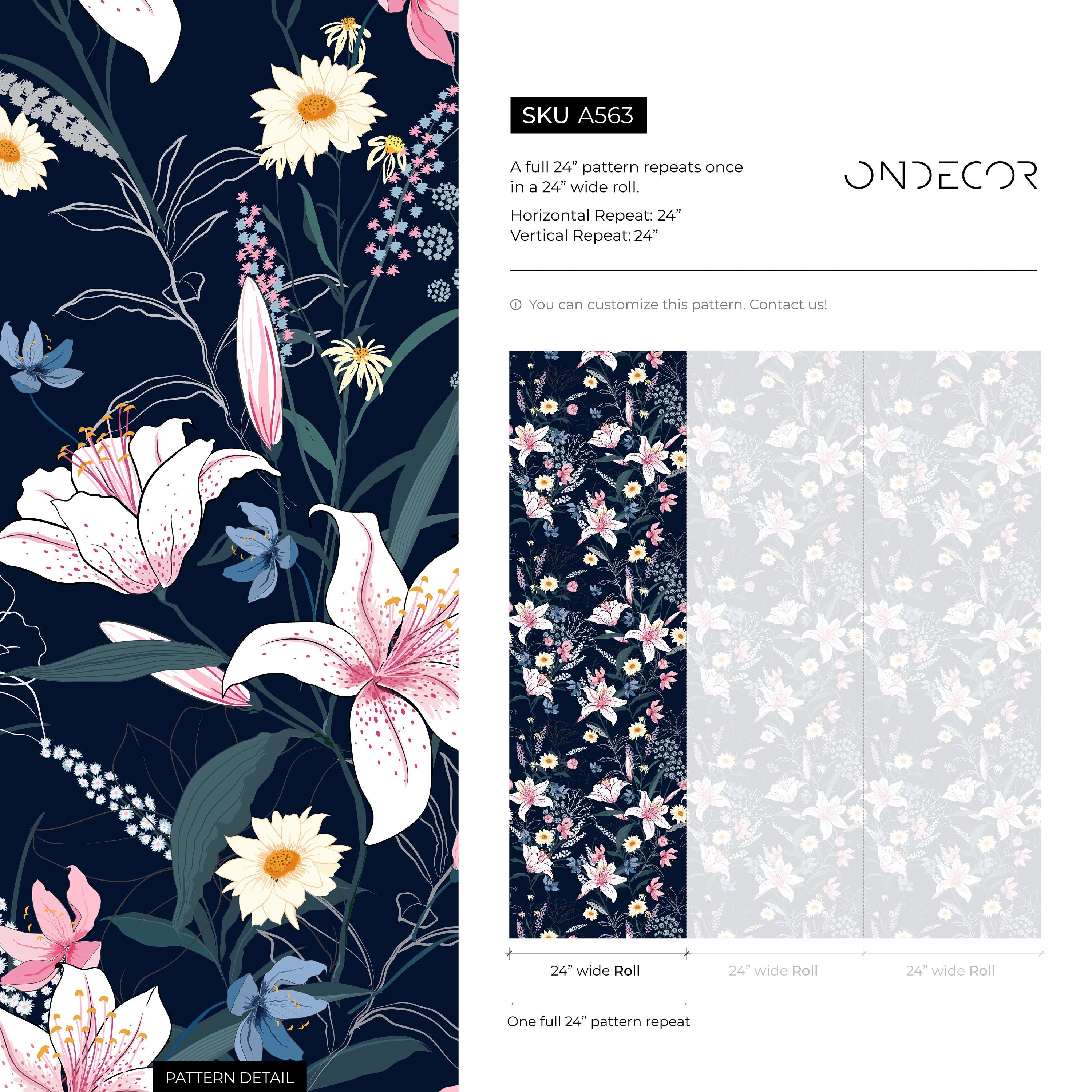 Floral Wallpaper With Lilies And Wildflowers In Navy Blue, Pink, And White - A563